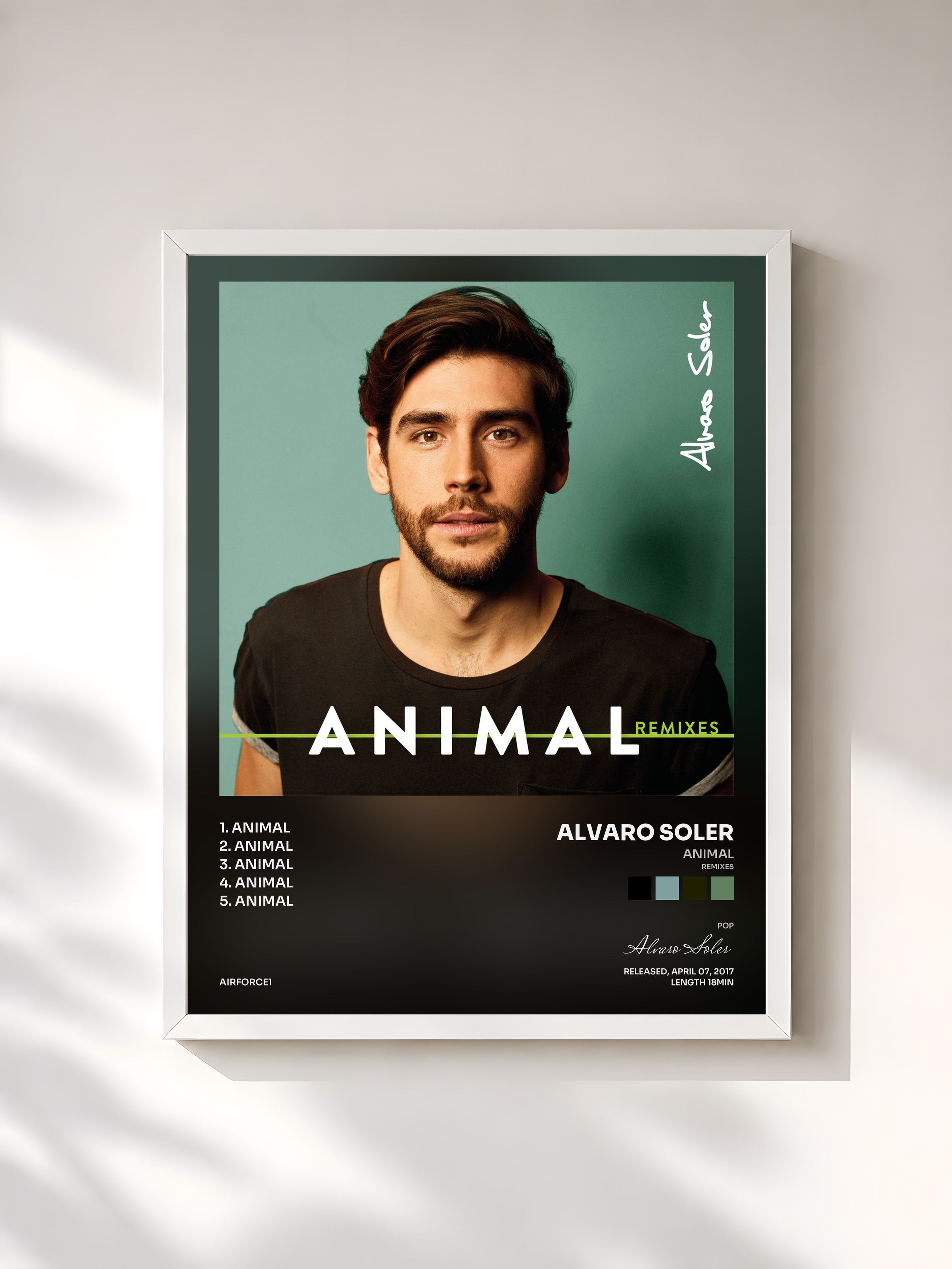 #blanc Tableau de l'album Animal (Remixes) de Alvaro Soler, cadre blanc, imprimé et encadré en France