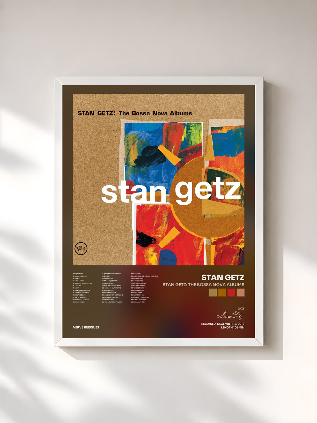 #blanc Tableau de l'album Stan Getz: The Bossa Nova Albums de Stan Getz, cadre blanc, imprimé et encadré en France
