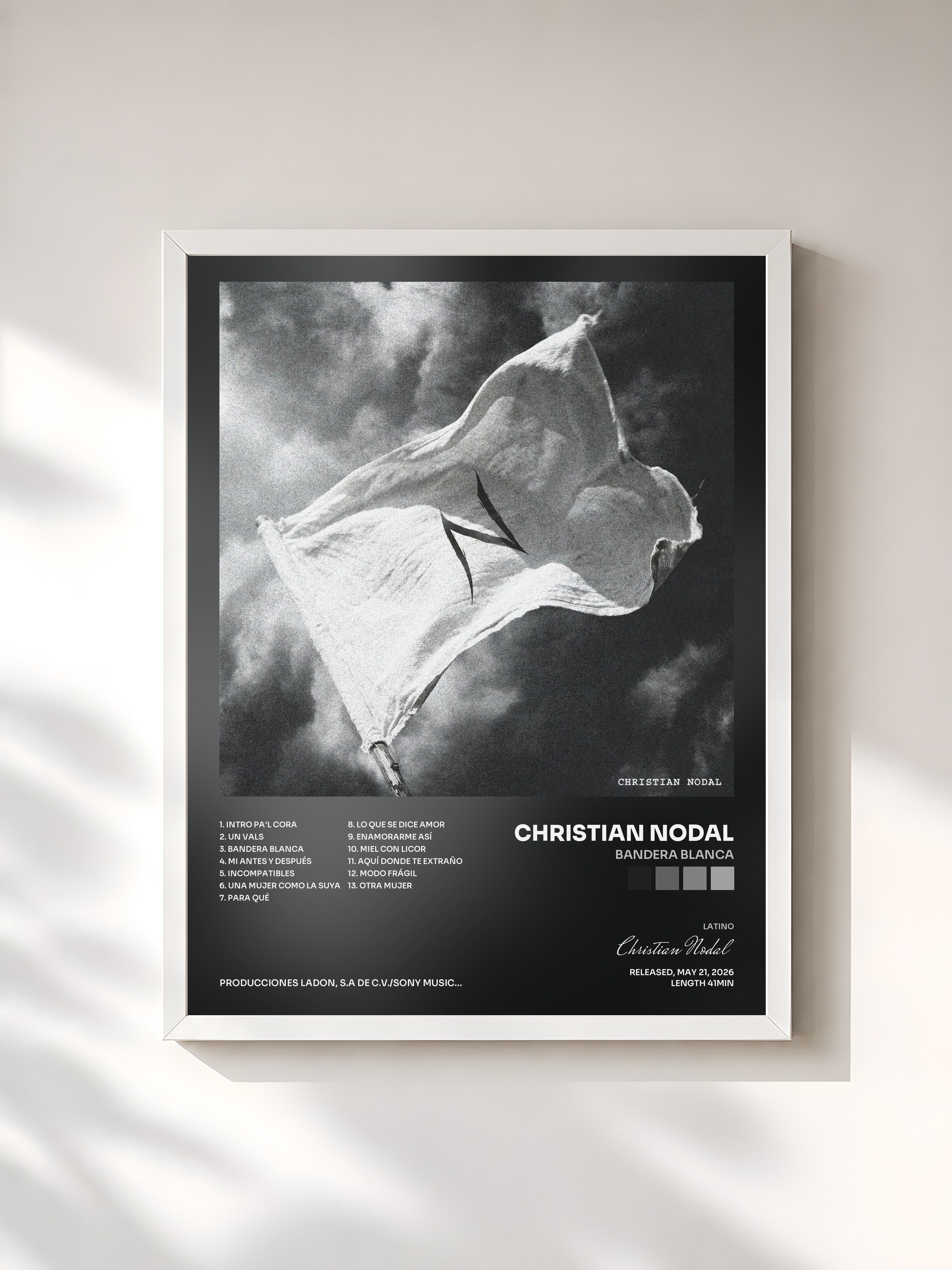 #blanc Tableau de l'album Bandera Blanca de Christian Nodal, cadre blanc, imprimé et encadré en France