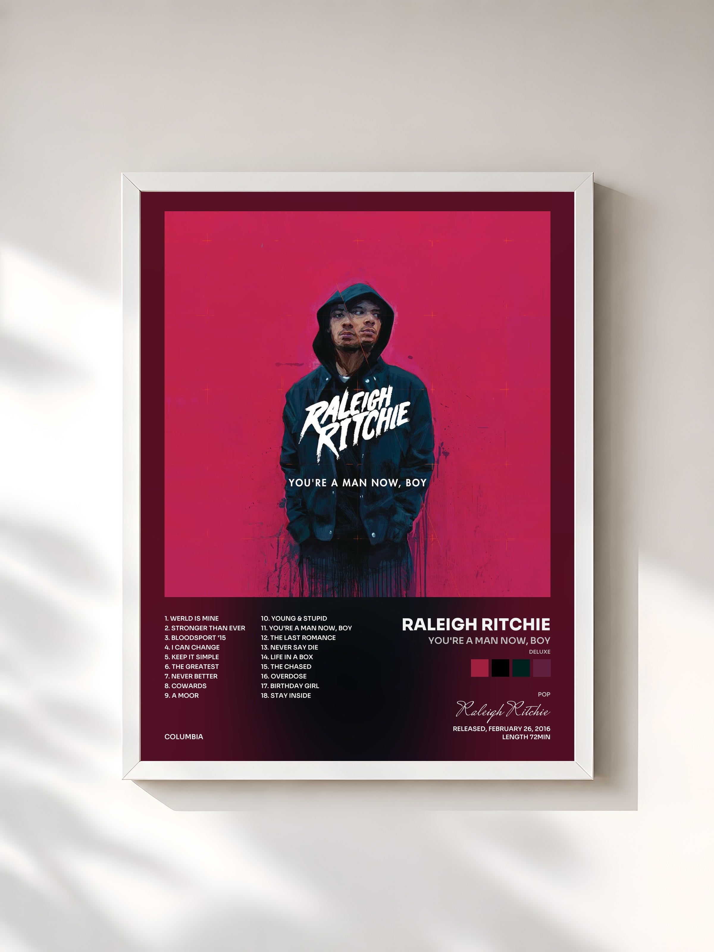 #blanc Tableau de l'album You're a Man Now, Boy (Deluxe) de Raleigh Ritchie, cadre blanc, imprimé et encadré en France