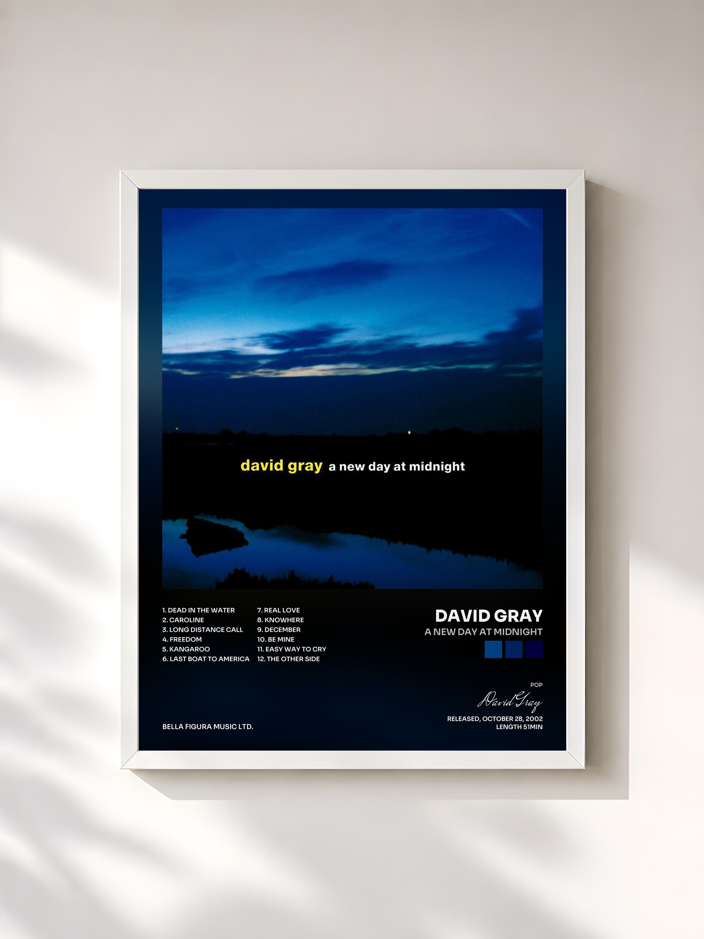 #blanc Tableau de l'album A New Day at Midnight de David Gray, cadre blanc, imprimé et encadré en France
