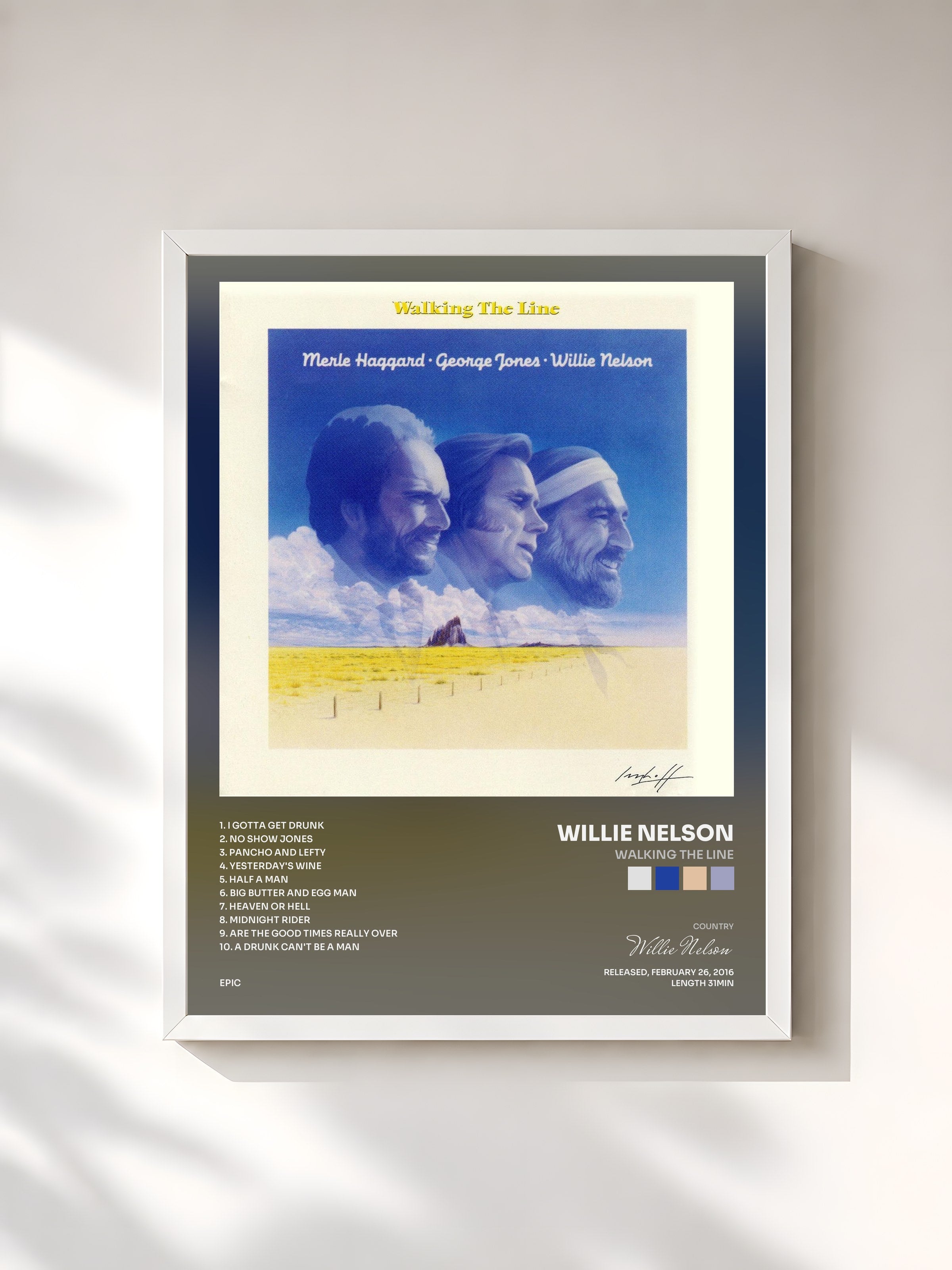 #blanc Tableau de l'album Walking the Line de Willie Nelson, cadre blanc, imprimé et encadré en France