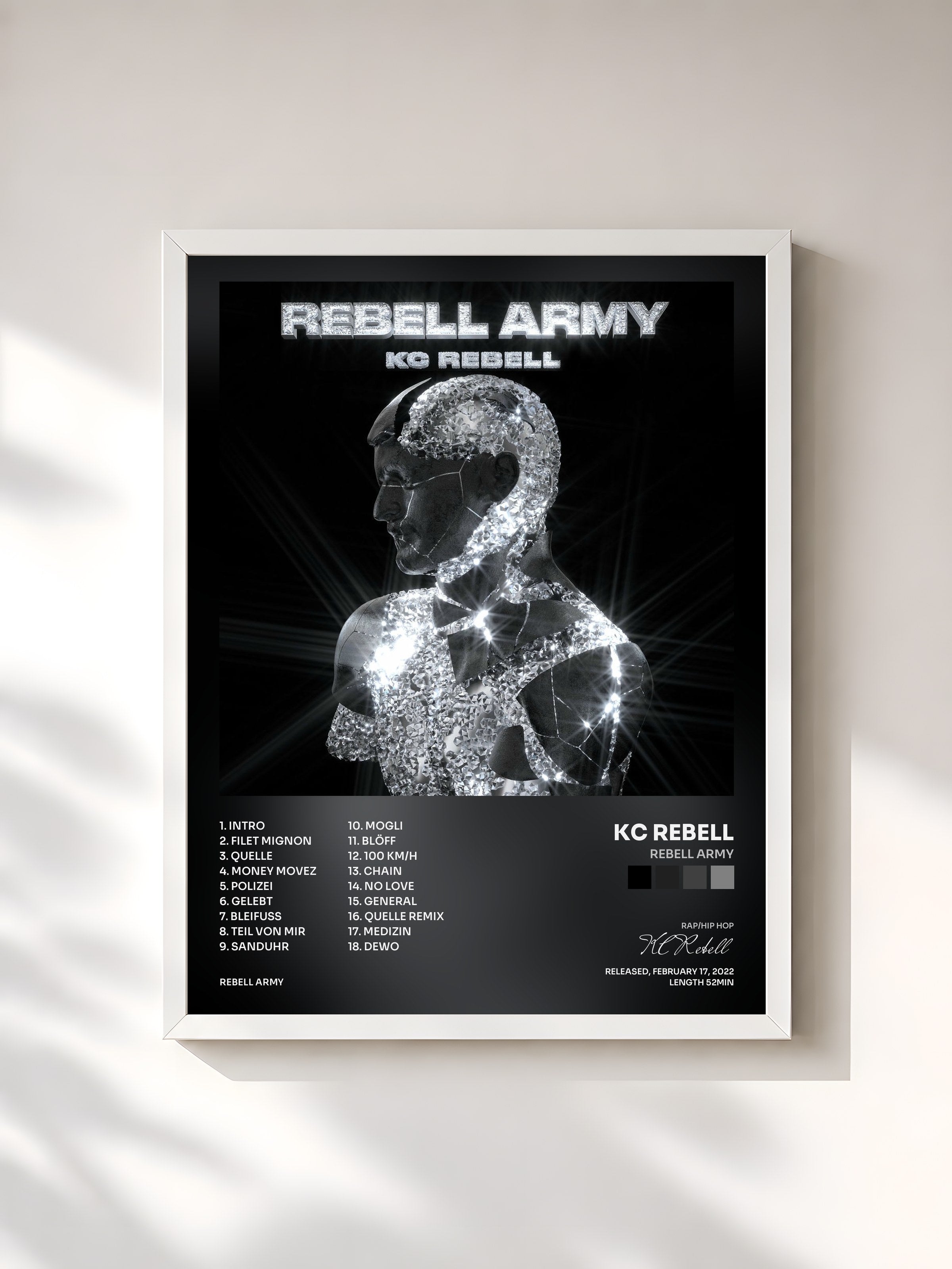 #blanc Tableau de l'album Rebell Army de KC Rebell, cadre blanc, imprimé et encadré en France