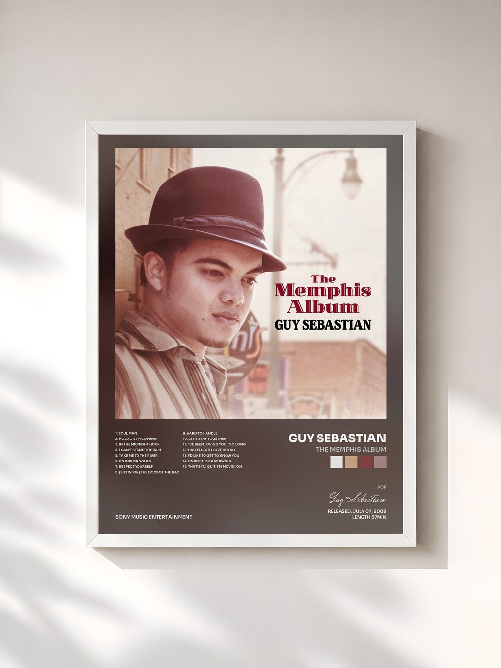 #blanc Tableau de l'album The Memphis Album de Guy Sebastian, cadre blanc, imprimé et encadré en France