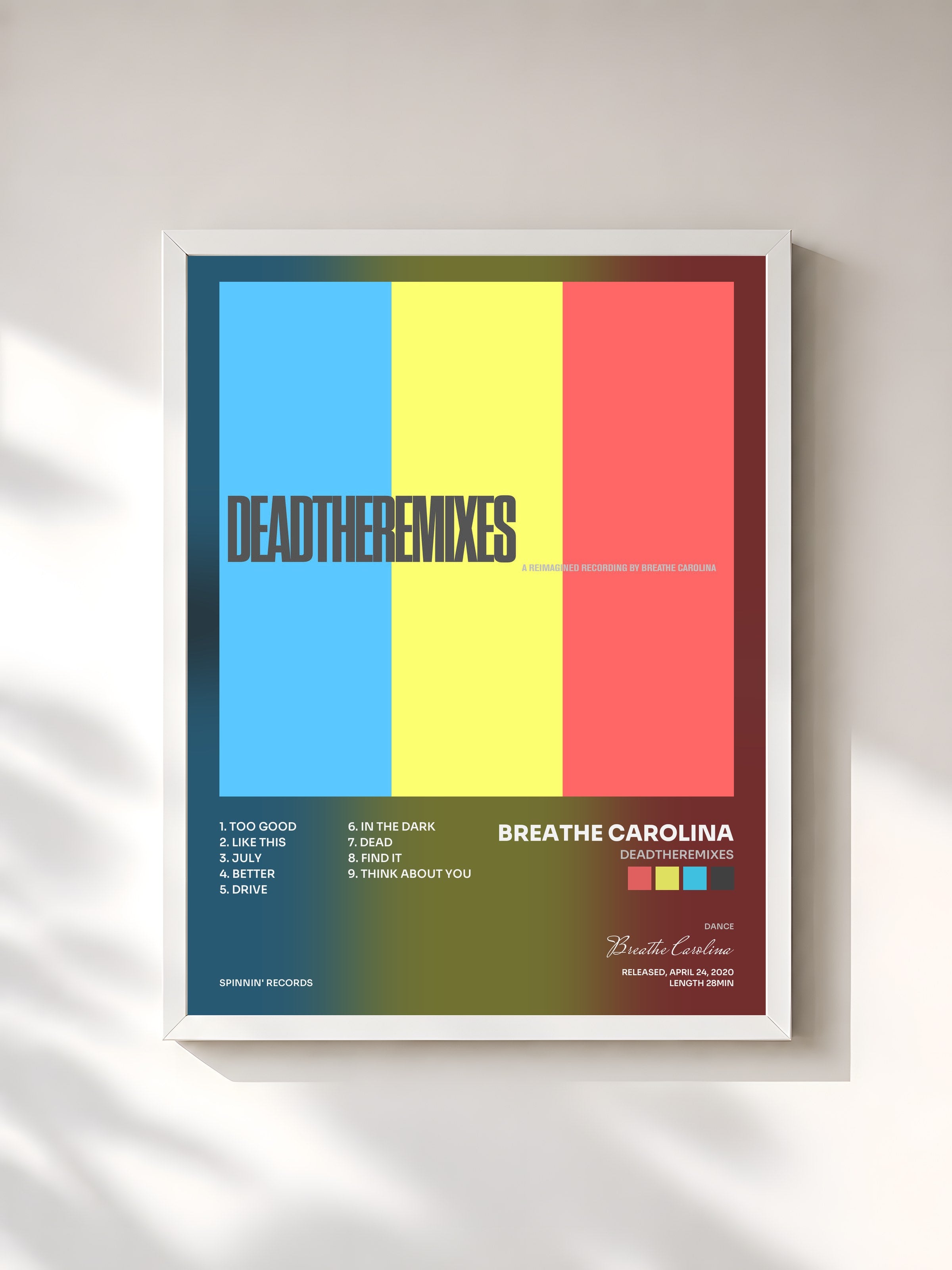 #blanc Tableau de l'album DEADTHEREMIXES de Breathe Carolina, cadre blanc, imprimé et encadré en France