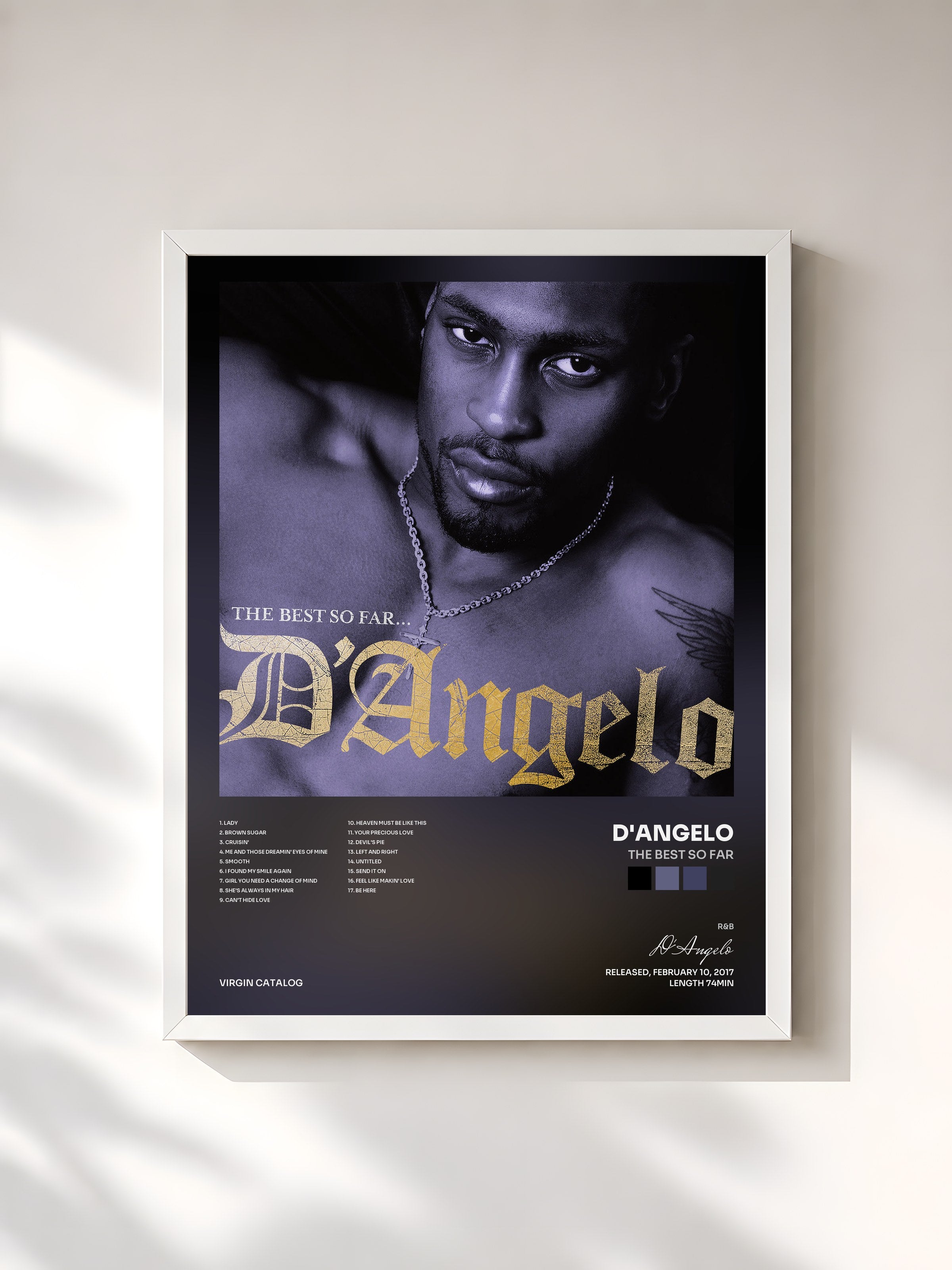 #blanc Tableau de l'album The Best So Far de D'Angelo, cadre blanc, imprimé et encadré en France