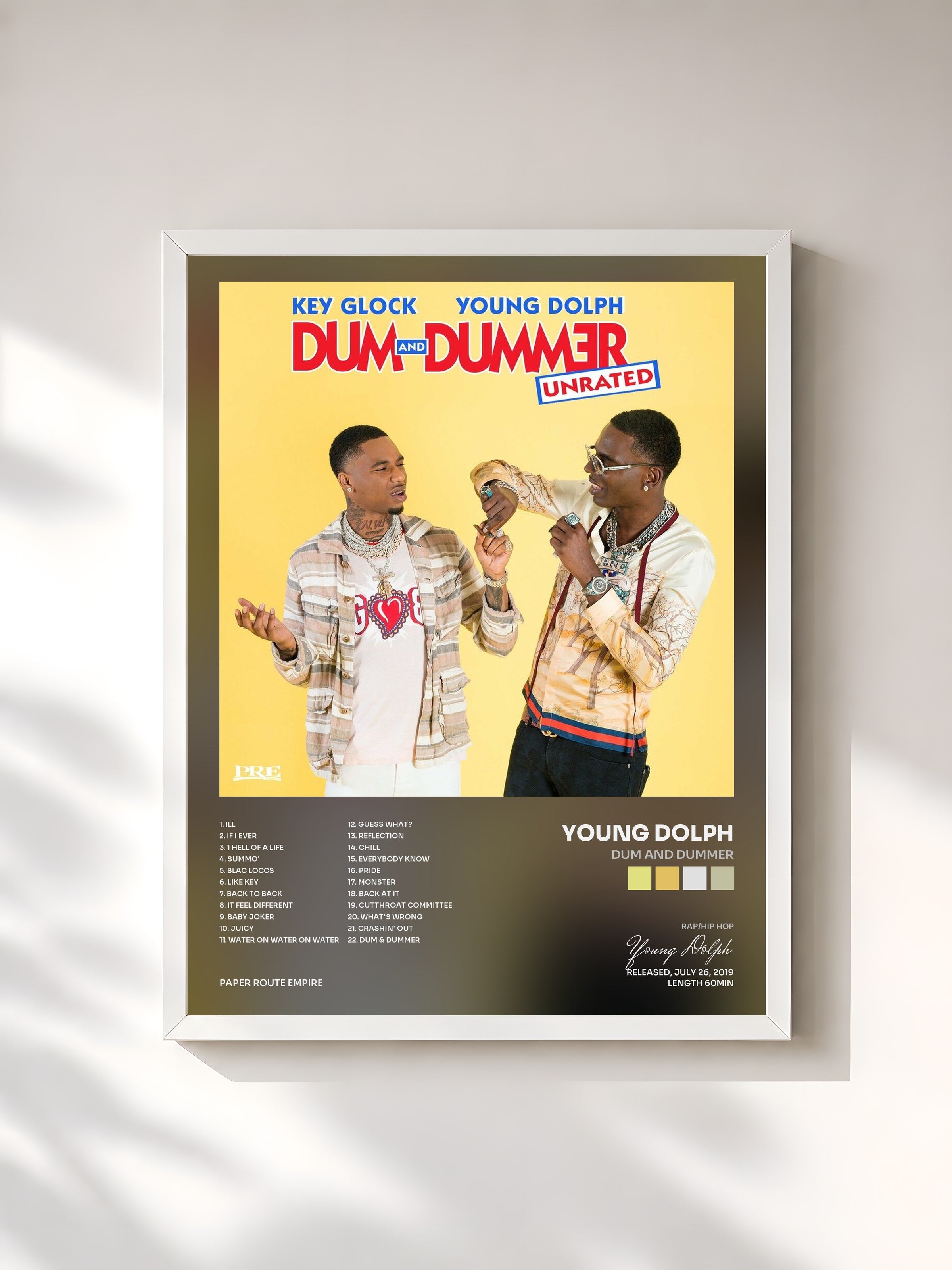 #blanc Tableau de l'album Dum and Dummer de Young Dolph, cadre blanc, imprimé et encadré en France