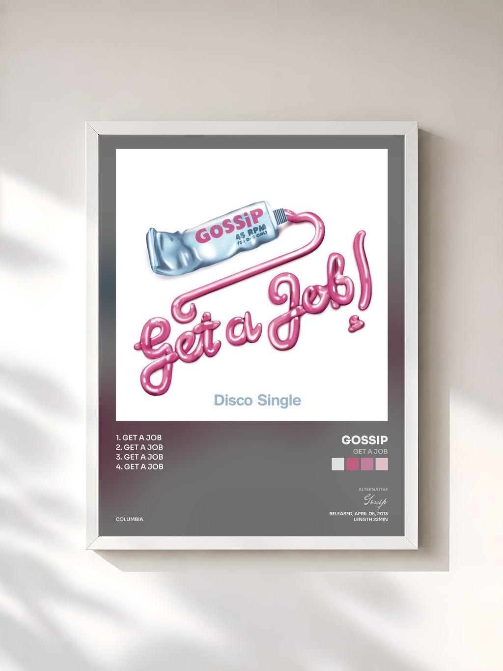 #blanc Tableau de l'album Get A Job de Gossip, cadre blanc, imprimé et encadré en France