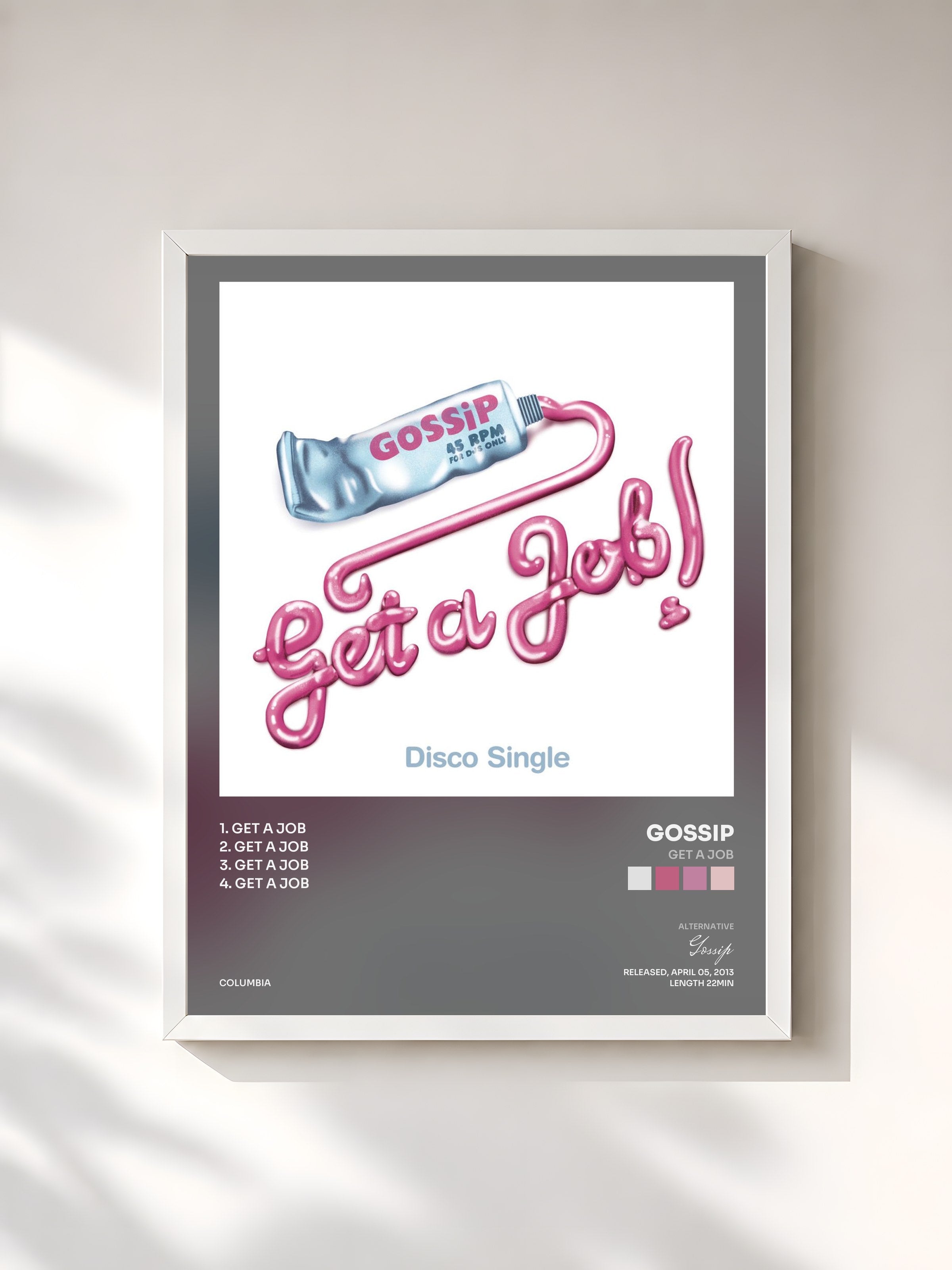 #blanc Tableau de l'album Get A Job de Gossip, cadre blanc, imprimé et encadré en France