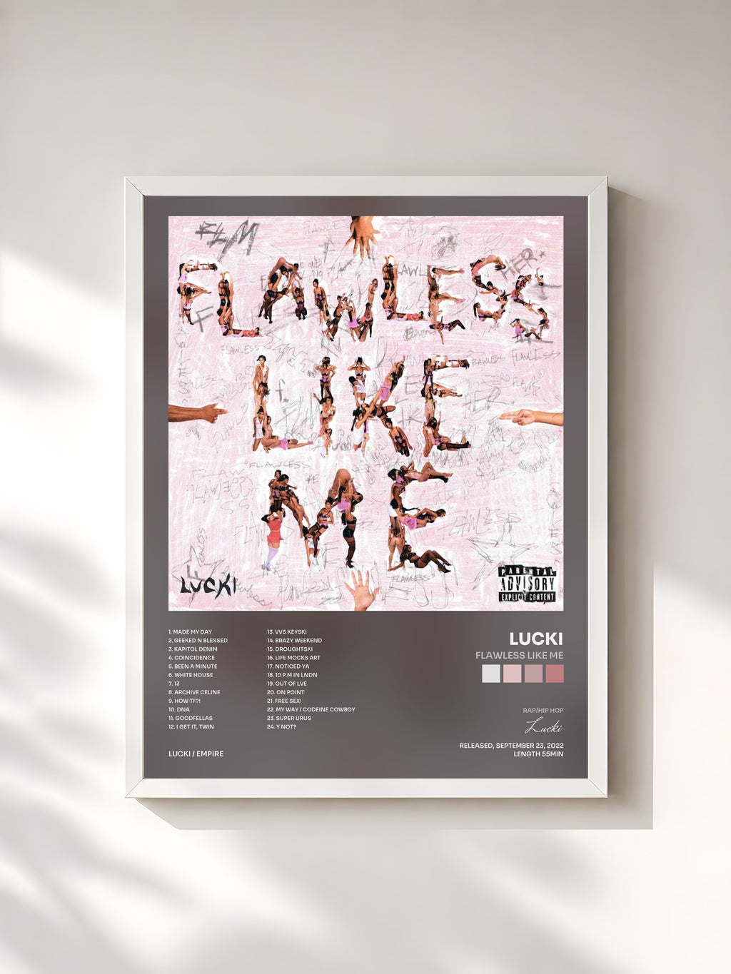 #blanc Tableau de l'album FLAWLESS LIKE ME de Lucki, cadre blanc, imprimé et encadré en France