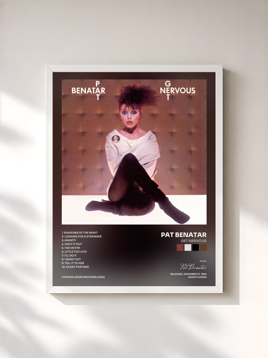 #blanc Tableau de l'album Get Nervous de Pat Benatar, cadre blanc, imprimé et encadré en France