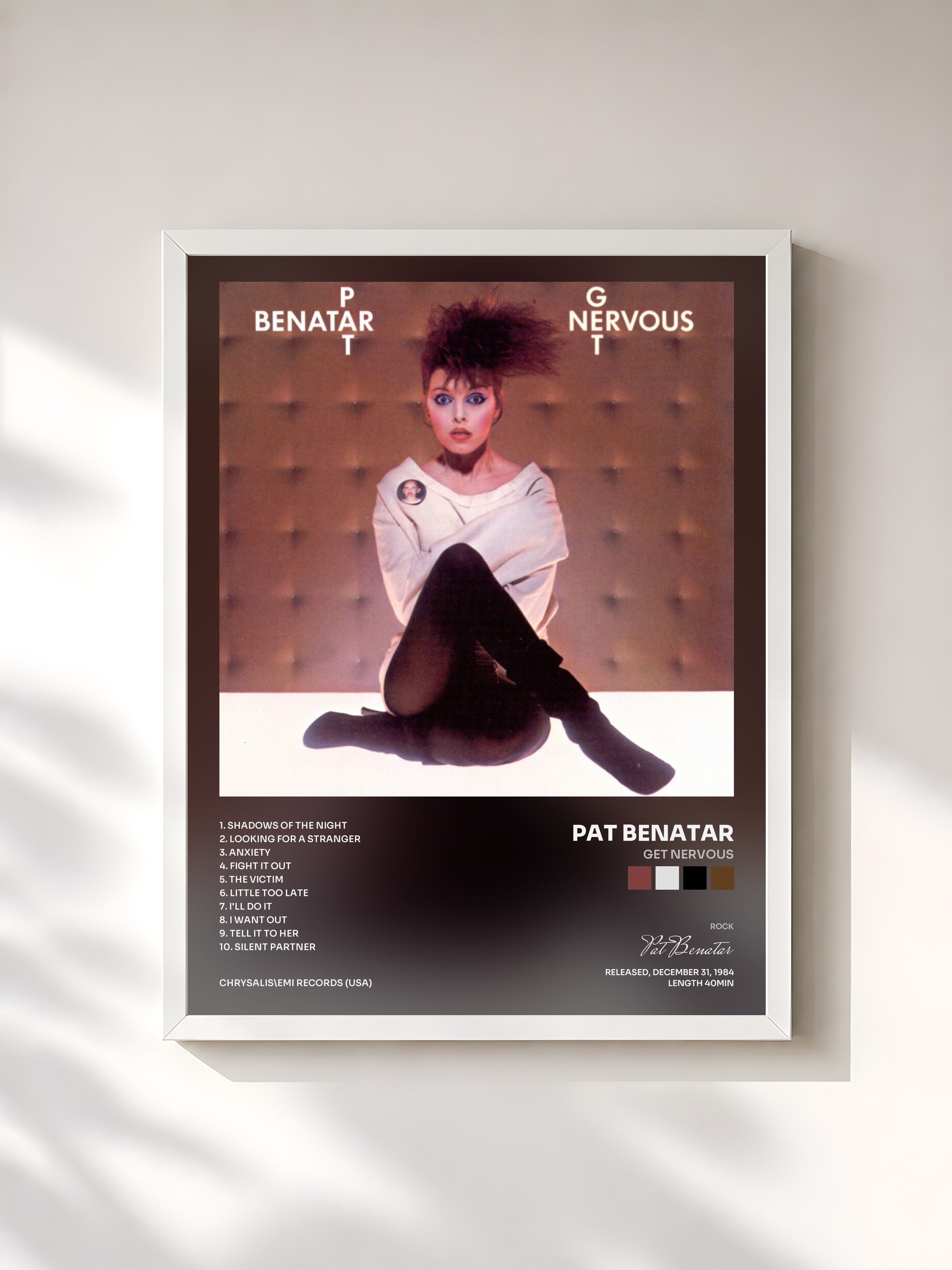#blanc Tableau de l'album Get Nervous de Pat Benatar, cadre blanc, imprimé et encadré en France