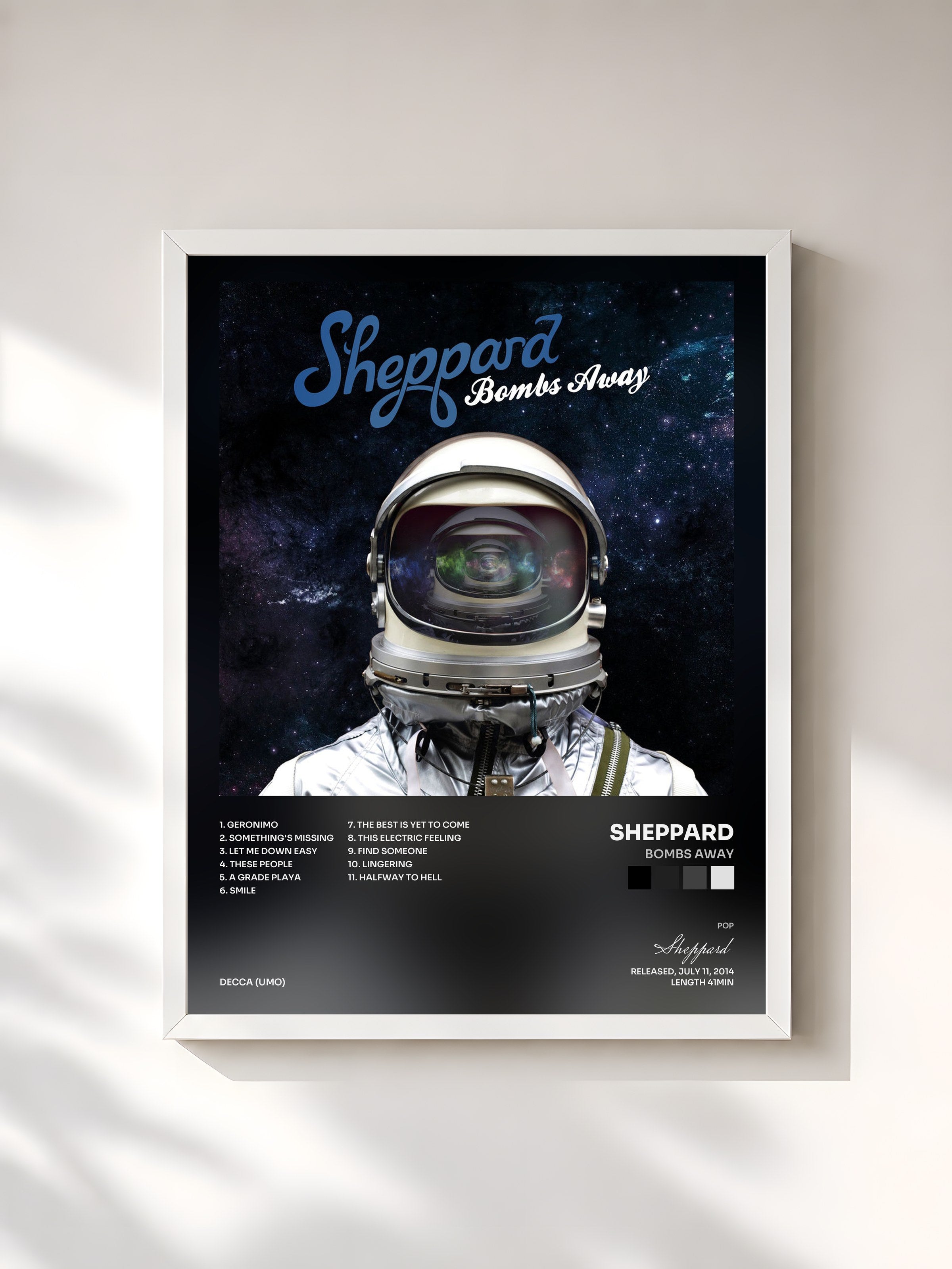#blanc Tableau de l'album Bombs Away de Sheppard, cadre blanc, imprimé et encadré en France