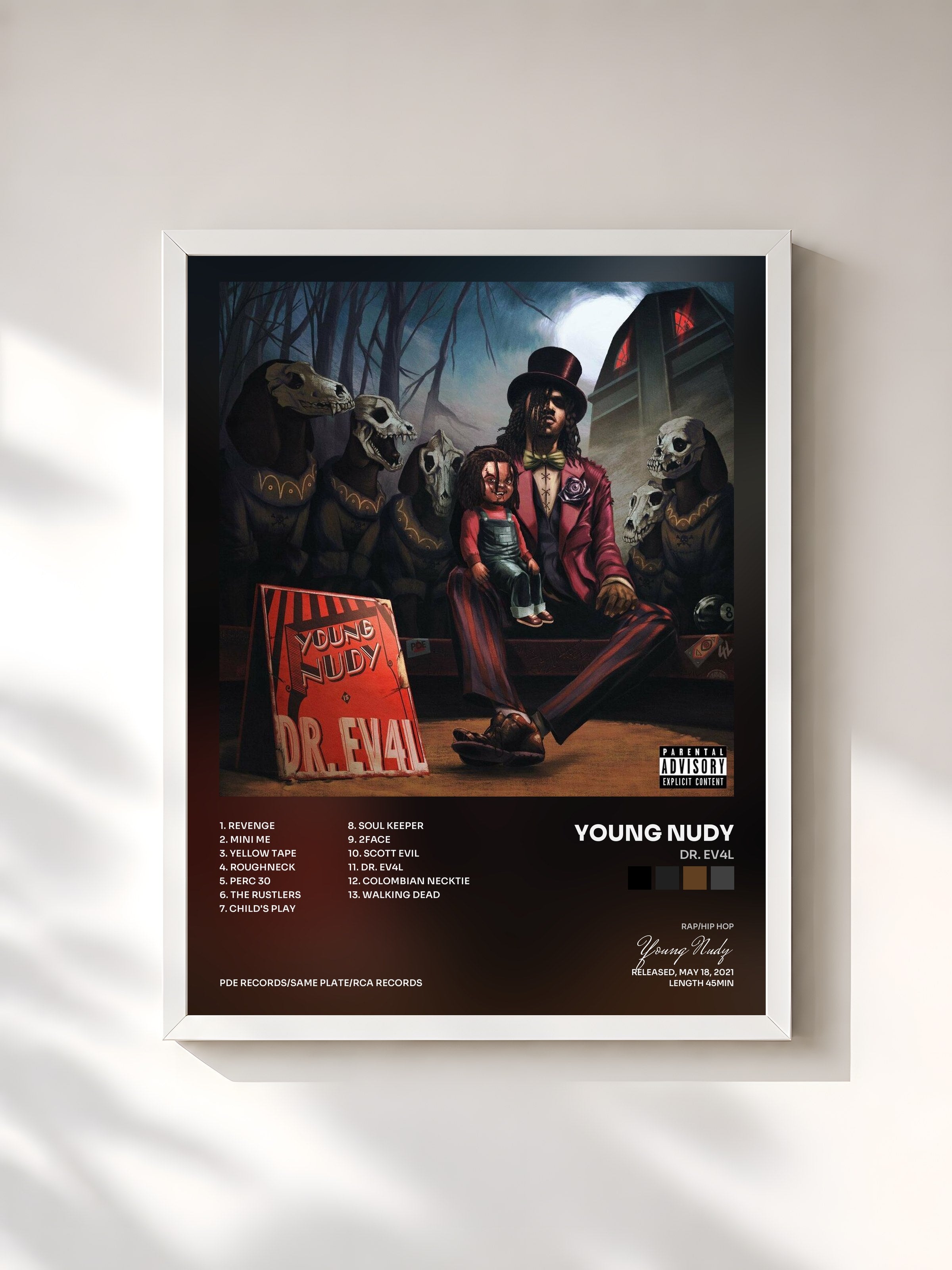 #blanc Tableau de l'album DR. EV4L de Young Nudy, cadre blanc, imprimé et encadré en France