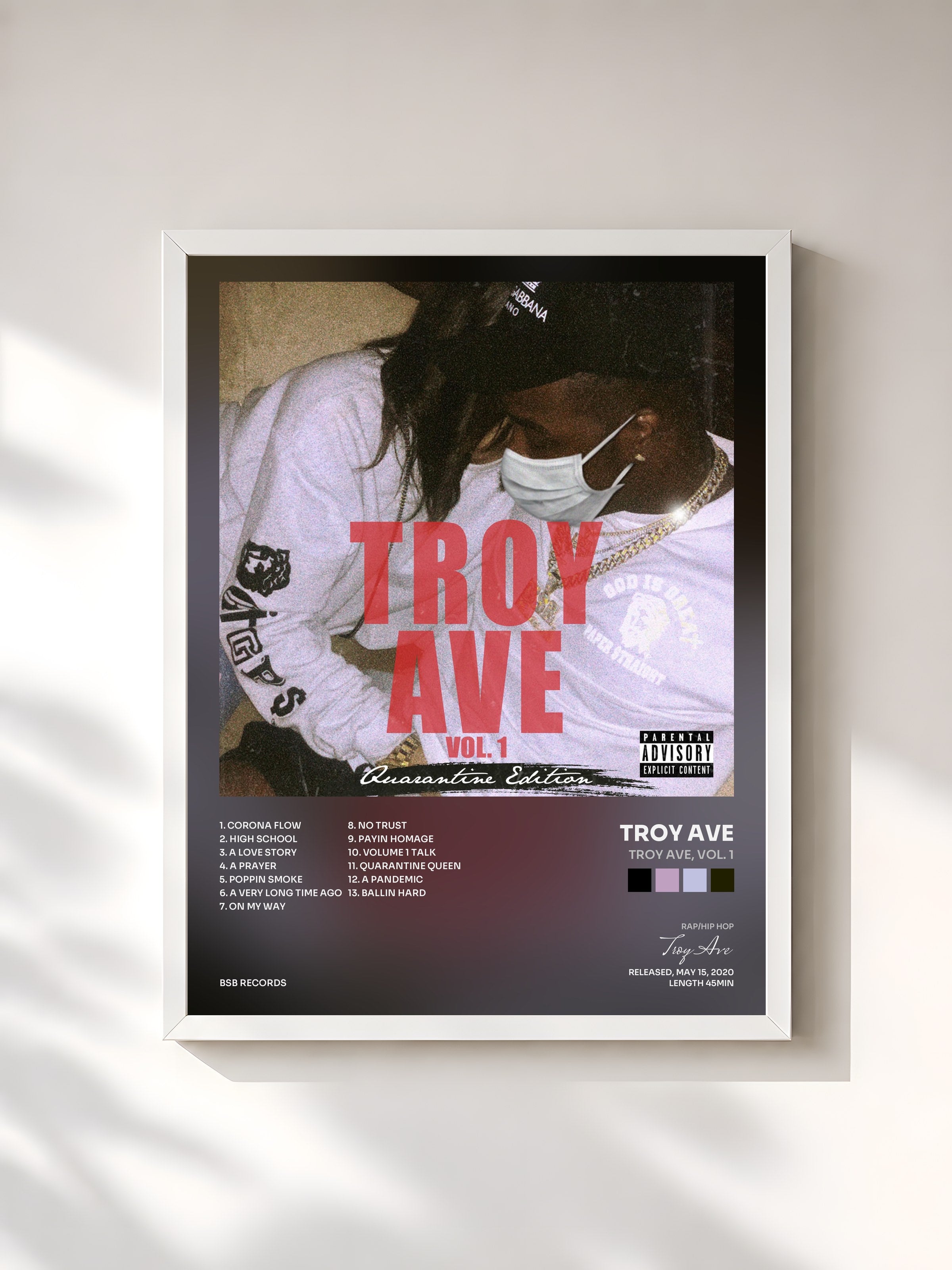 #blanc Tableau de l'album Troy Ave, Vol. 1 de Troy Ave, cadre blanc, imprimé et encadré en France