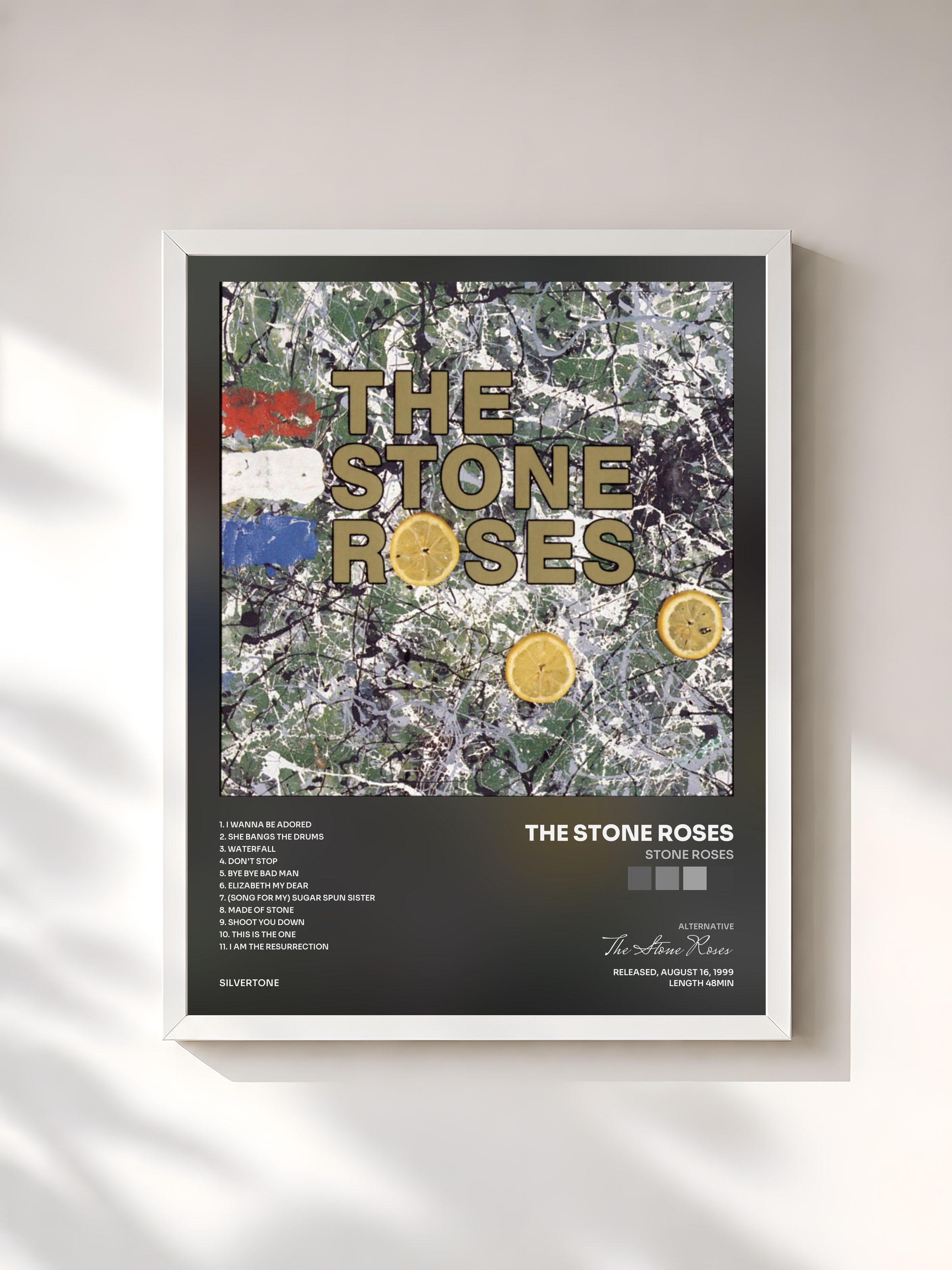#blanc Tableau de l'album Stone Roses de The Stone Roses, cadre blanc, imprimé et encadré en France