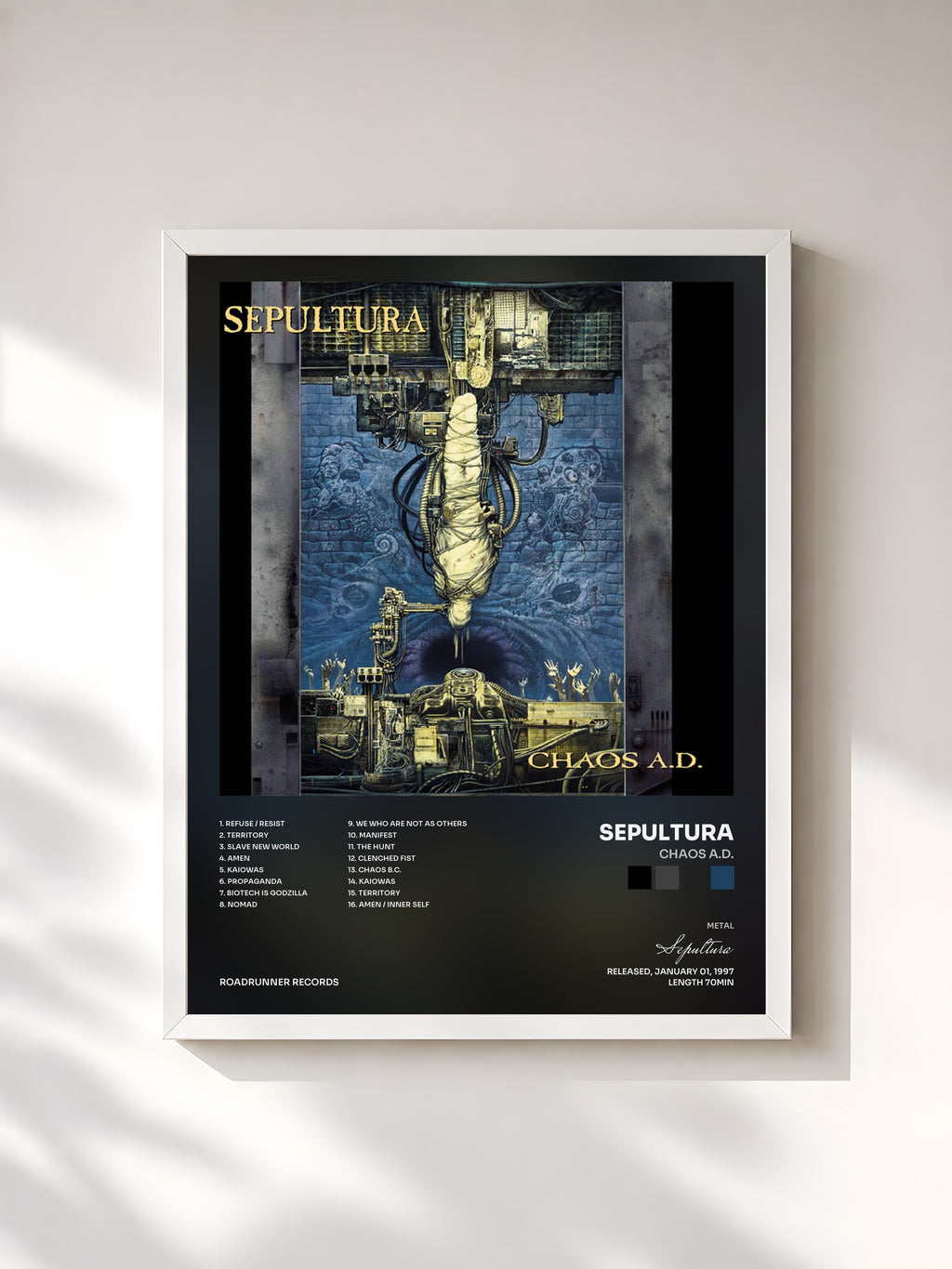 #blanc Tableau de l'album Chaos A.D. de Sepultura, cadre blanc, imprimé et encadré en France