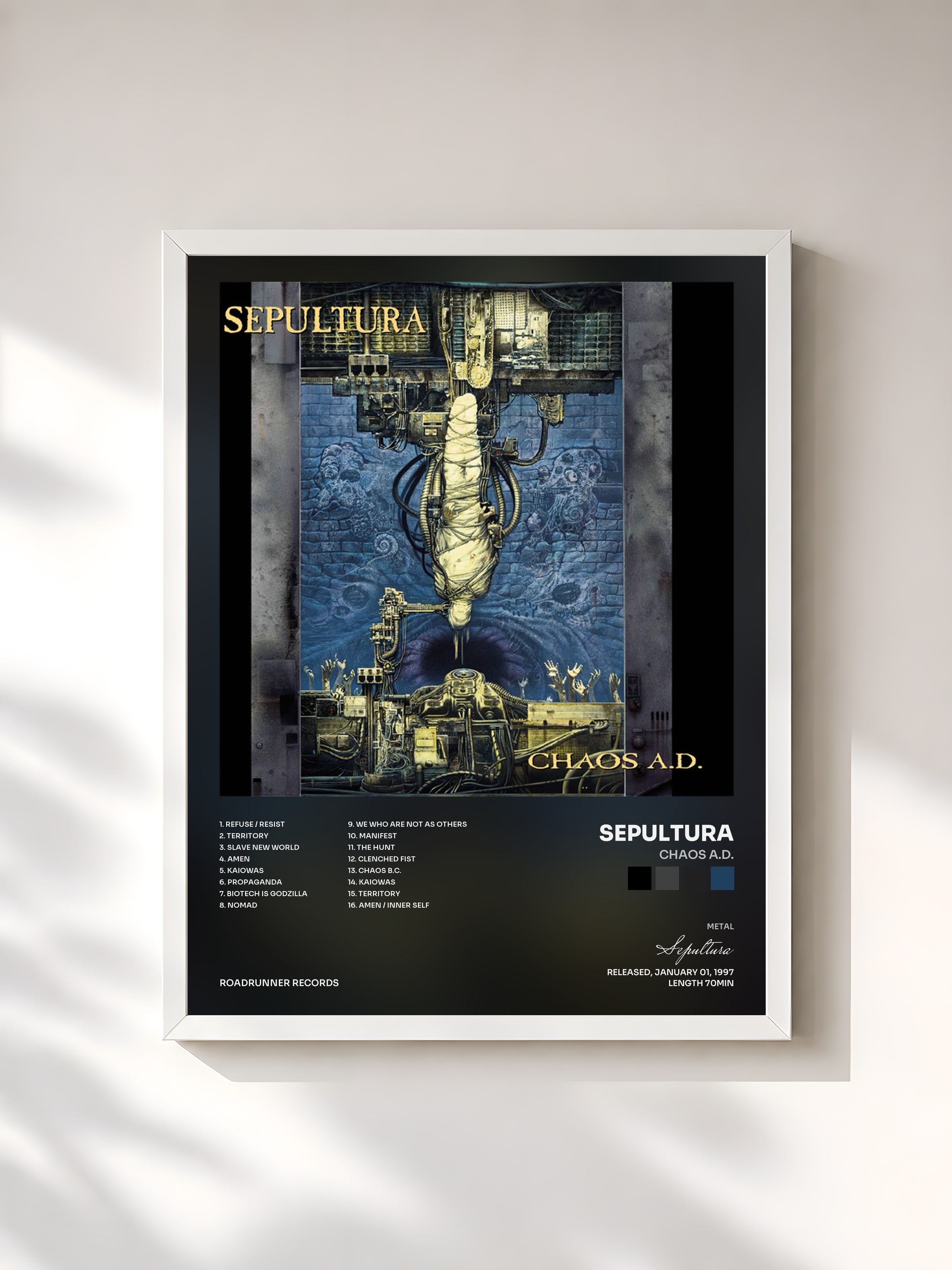 #blanc Tableau de l'album Chaos A.D. de Sepultura, cadre blanc, imprimé et encadré en France