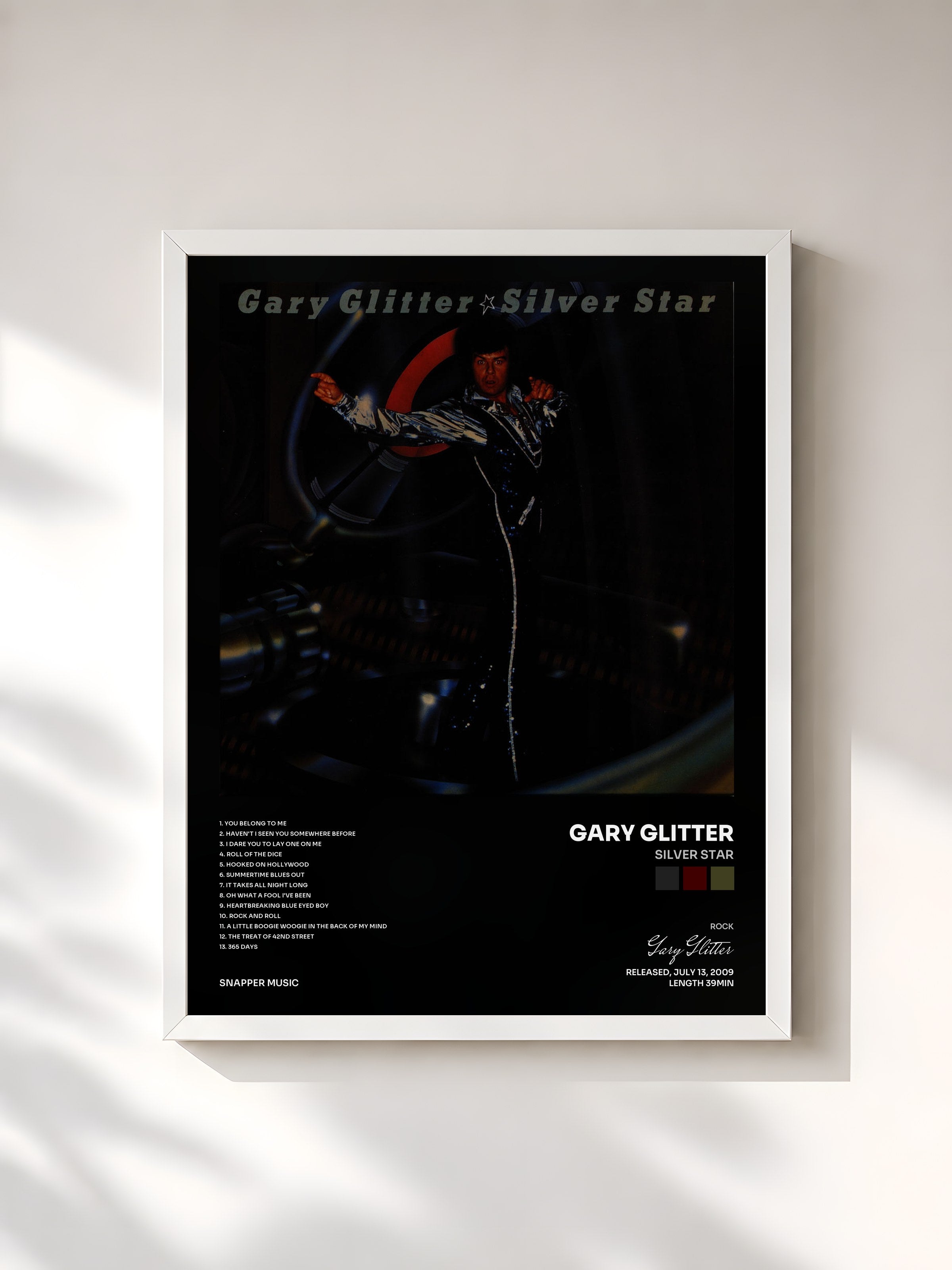 #blanc Tableau de l'album Silver Star de Gary Glitter, cadre blanc, imprimé et encadré en France