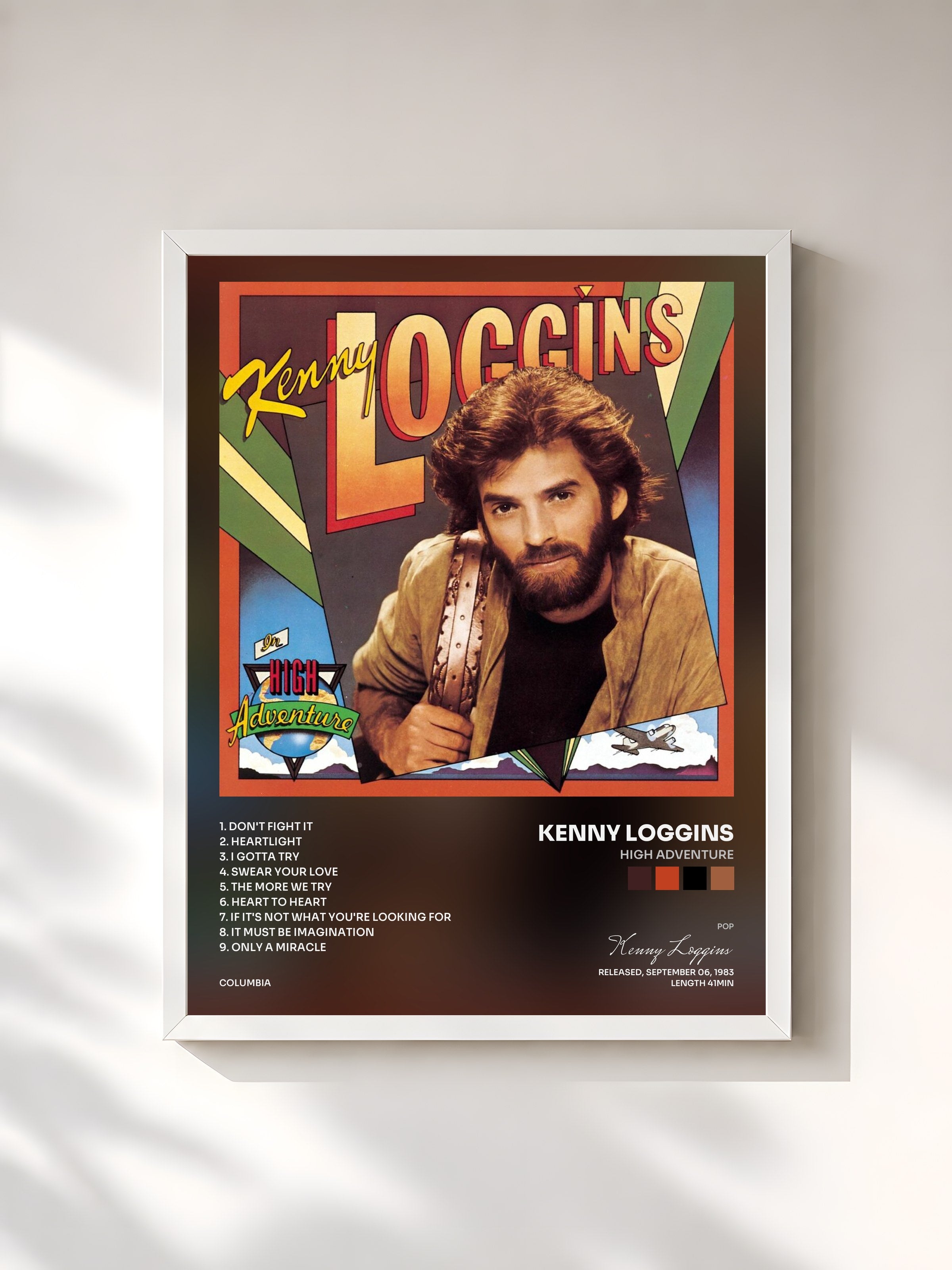 #blanc Tableau de l'album High Adventure de Kenny Loggins, cadre blanc, imprimé et encadré en France