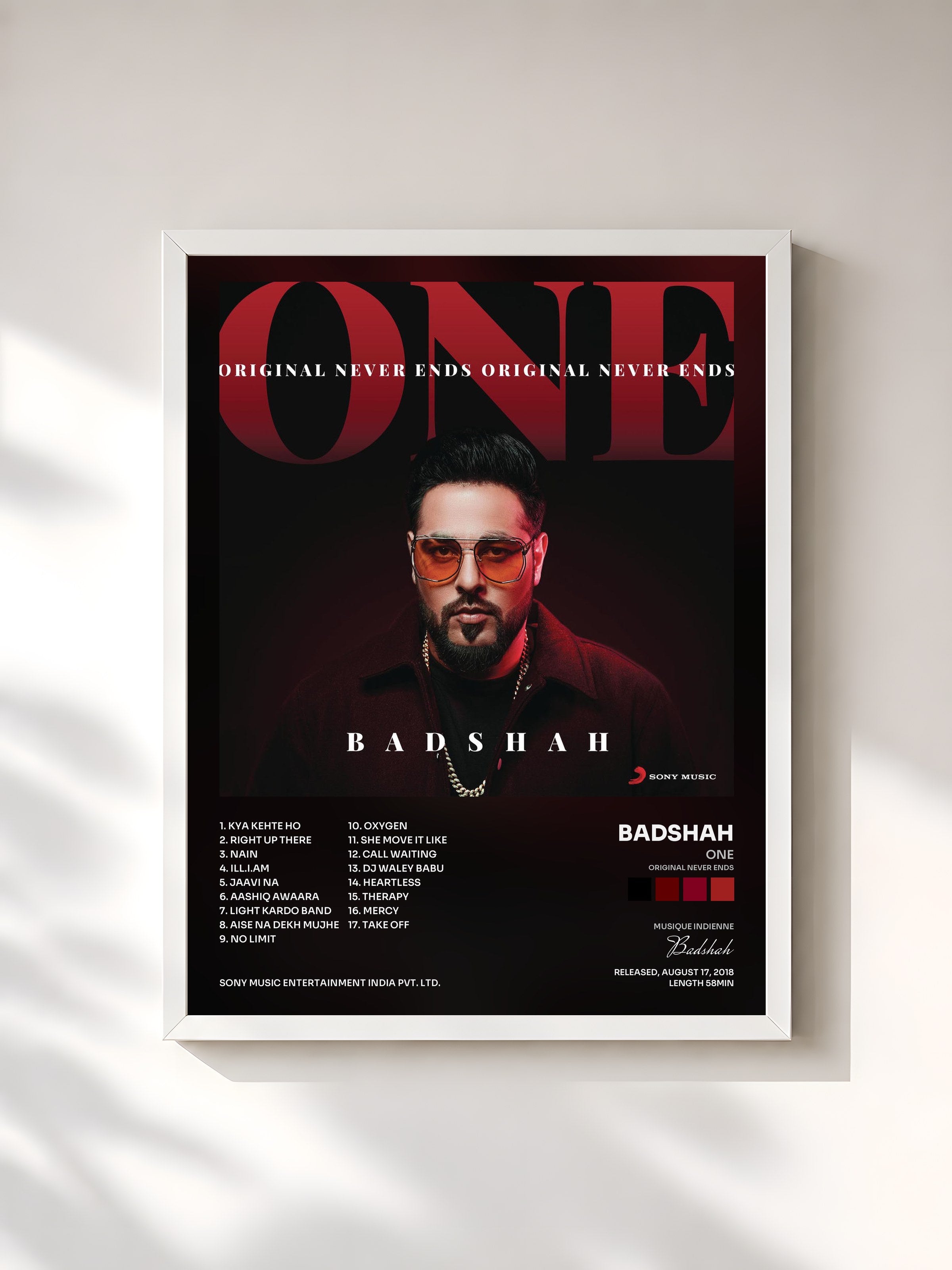 #blanc Tableau de l'album ONE (Original Never Ends) de Badshah, cadre blanc, imprimé et encadré en France