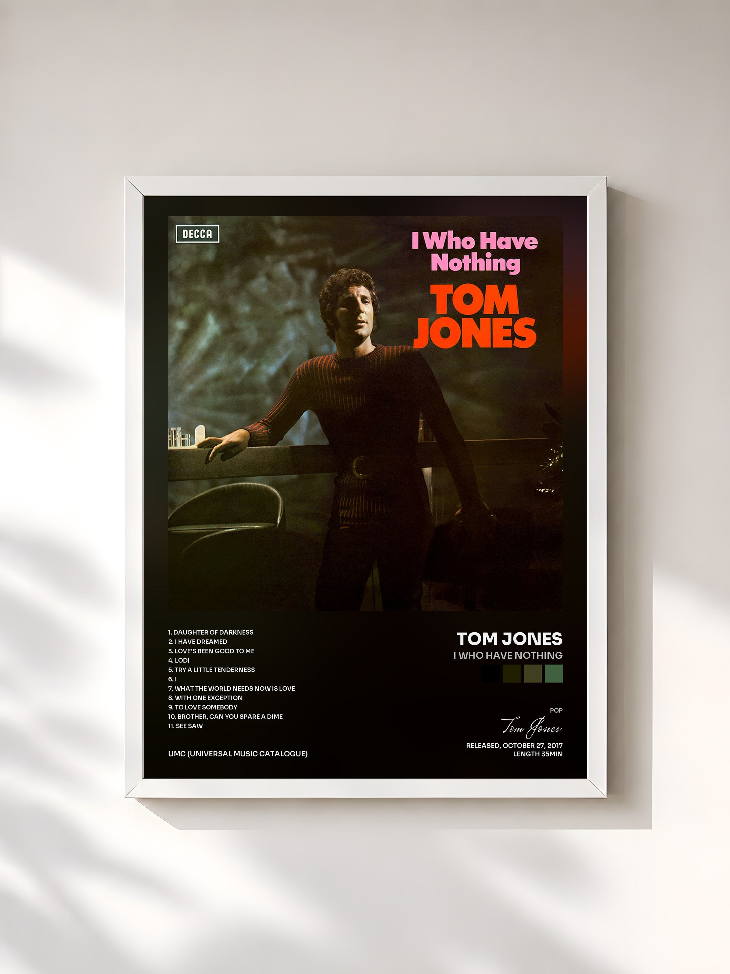 #blanc Tableau de l'album I Who Have Nothing de Tom Jones, cadre blanc, imprimé et encadré en France