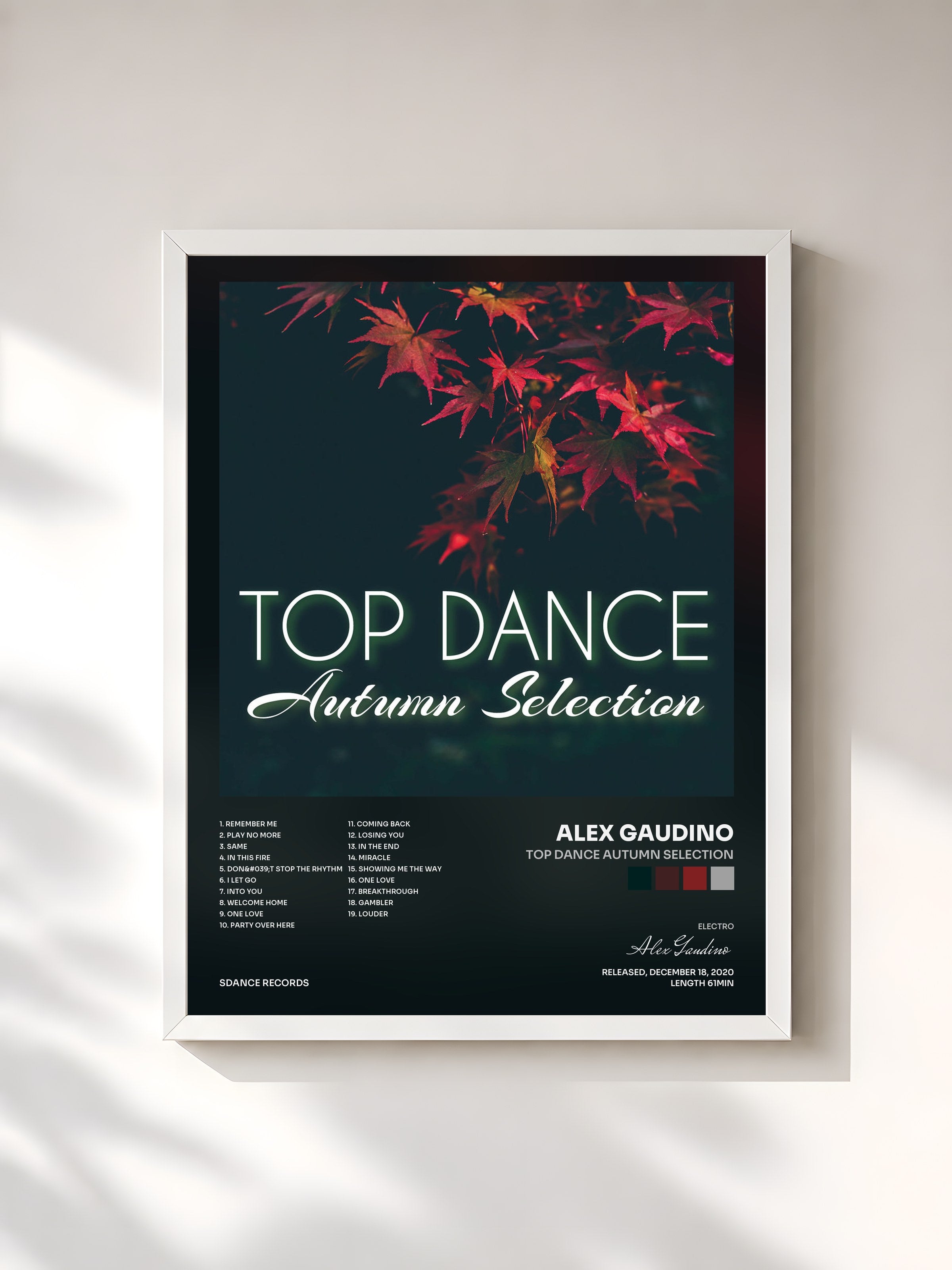 #blanc Tableau de l'album Top Dance Autumn Selection de Alex Gaudino, cadre blanc, imprimé et encadré en France