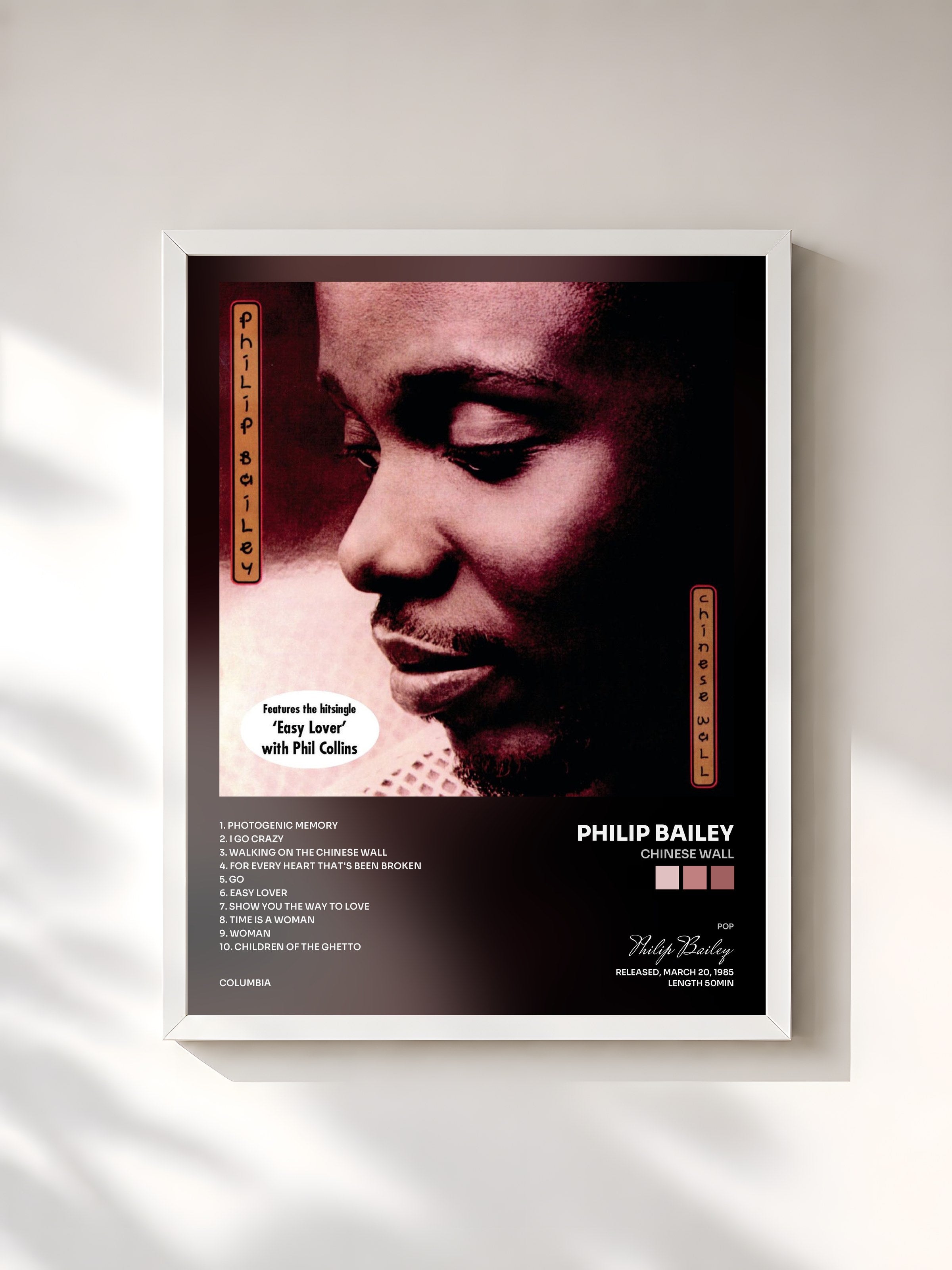 #blanc Tableau de l'album Chinese Wall de Philip Bailey, cadre blanc, imprimé et encadré en France