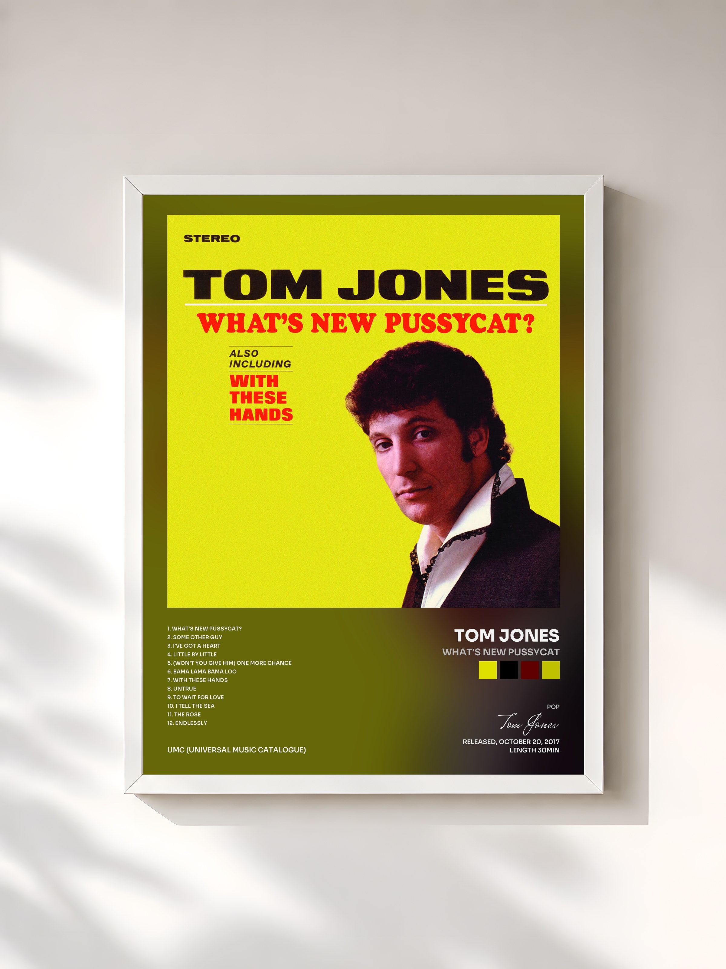 #blanc Tableau de l'album What's New Pussycat de Tom Jones, cadre blanc, imprimé et encadré en France