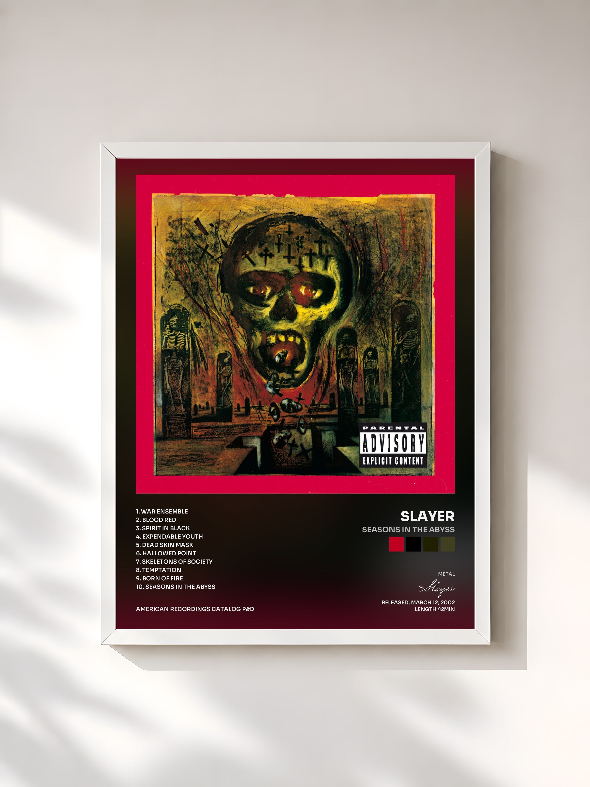 #blanc Tableau de l'album Seasons In The Abyss de Slayer, cadre blanc, imprimé et encadré en France