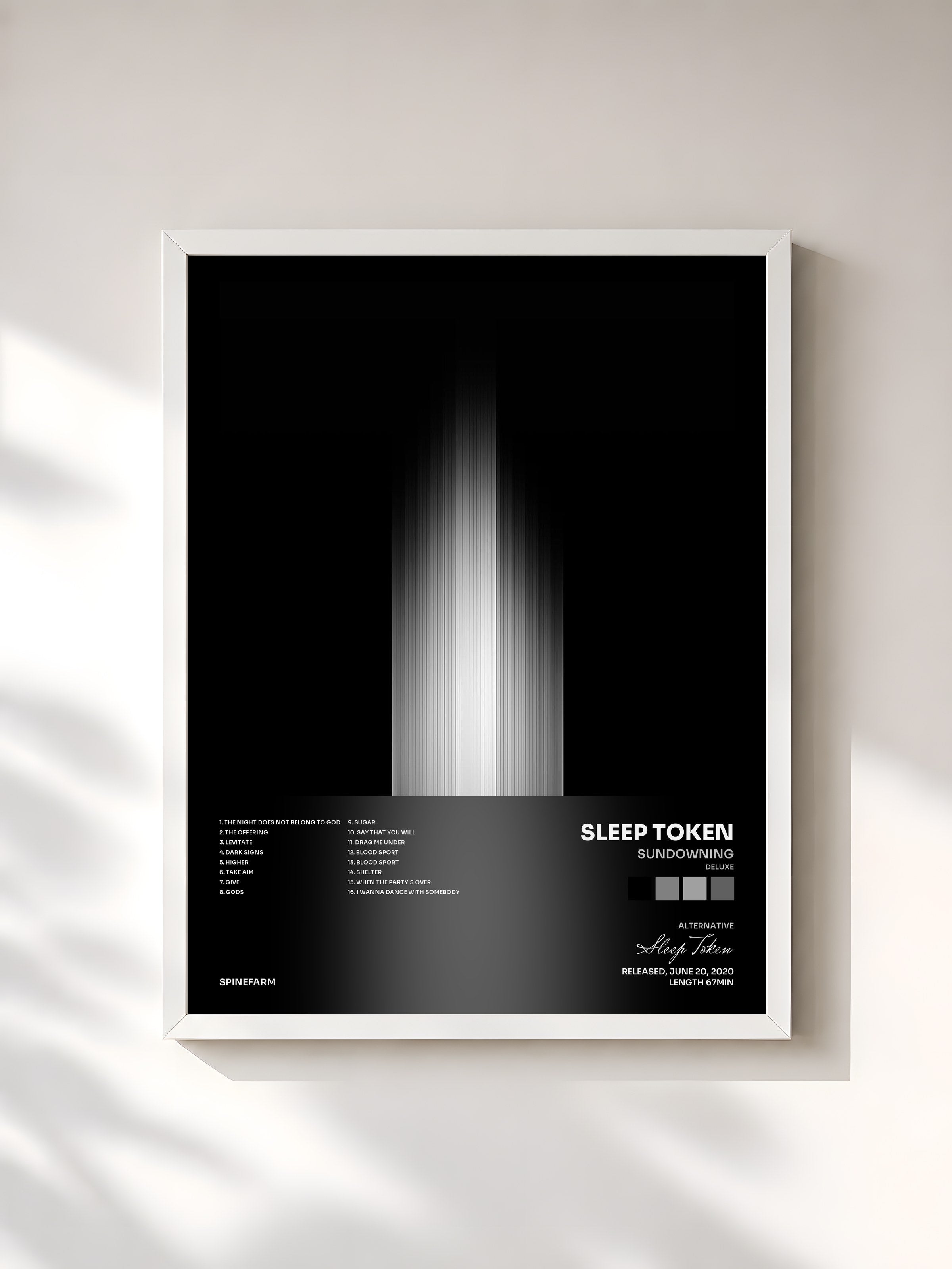 #blanc Tableau de l'album Sundowning (Deluxe) de Sleep Token, cadre blanc, imprimé et encadré en France