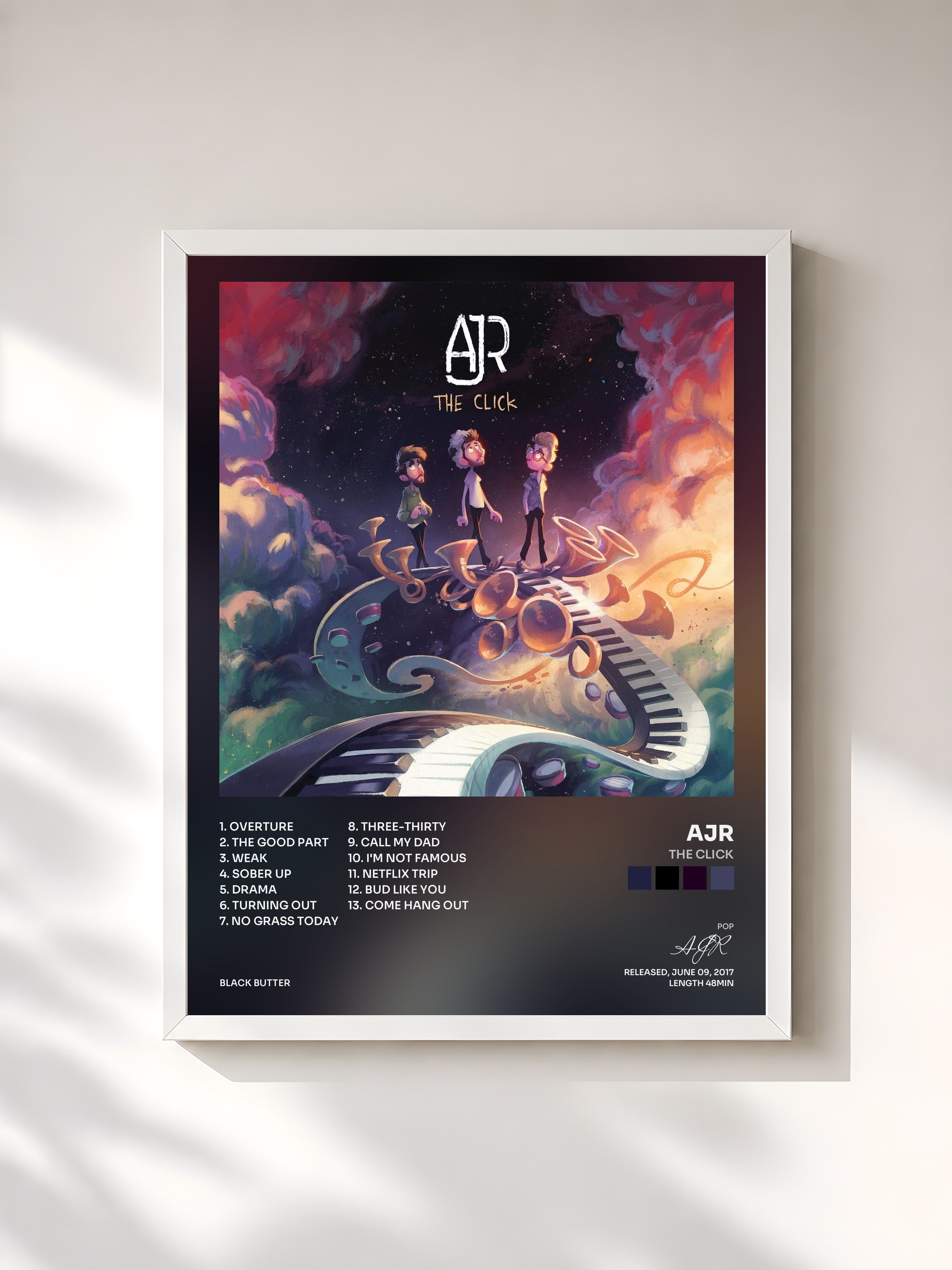 #blanc Tableau de l'album The Click de AJR, cadre blanc, imprimé et encadré en France
