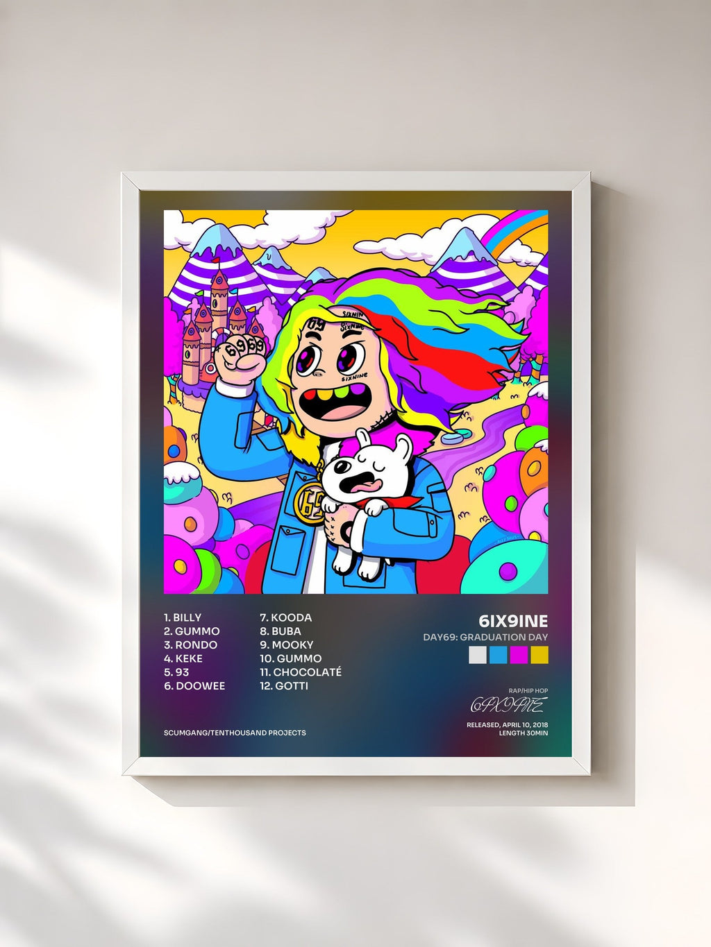 #blanc Tableau de l'album Day69: Graduation Day de 6IX9INE, cadre blanc, imprimé et encadré en France