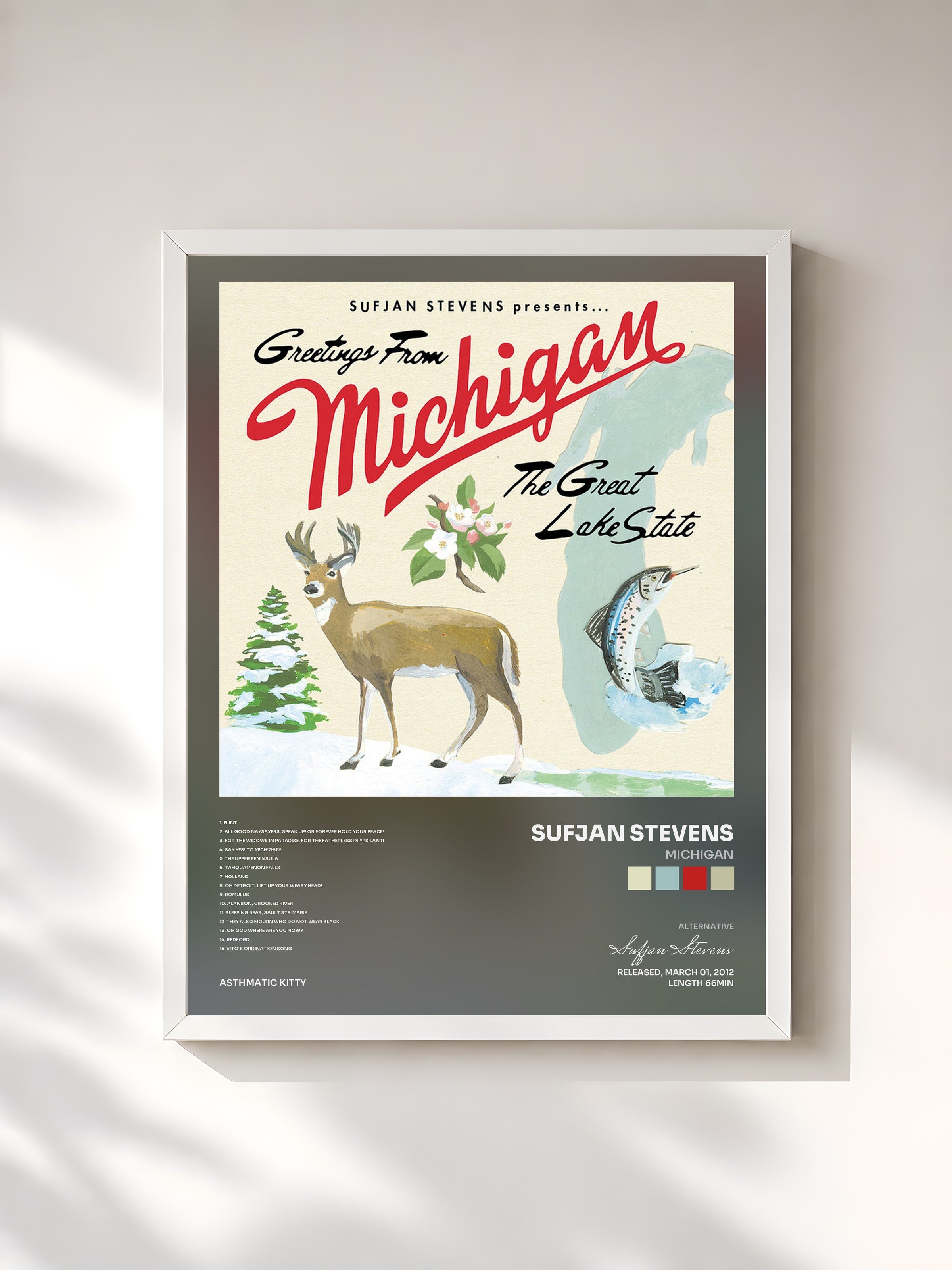 #blanc Tableau de l'album Michigan de Sufjan Stevens, cadre blanc, imprimé et encadré en France
