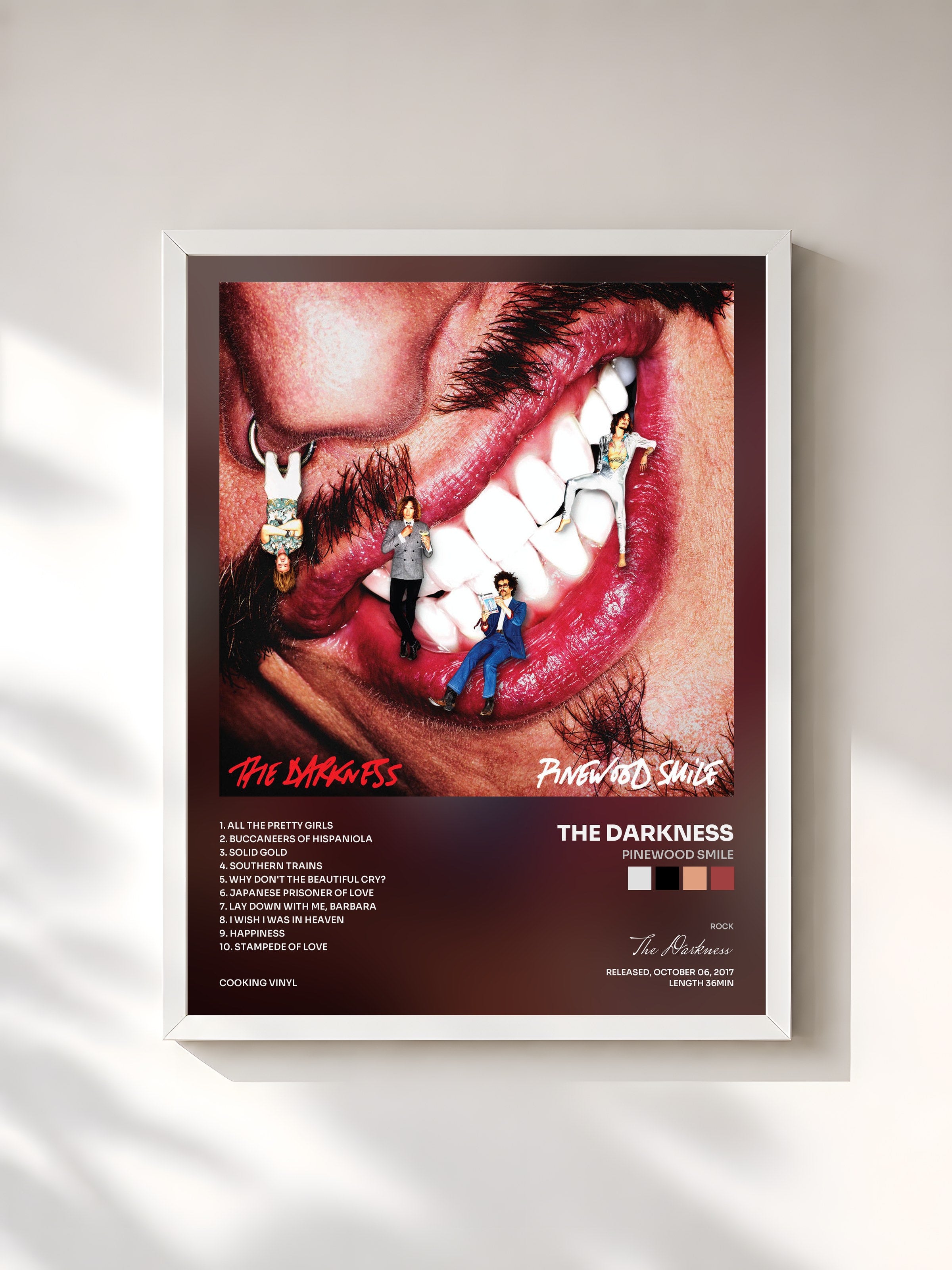 #blanc Tableau de l'album Pinewood Smile de The Darkness, cadre blanc, imprimé et encadré en France