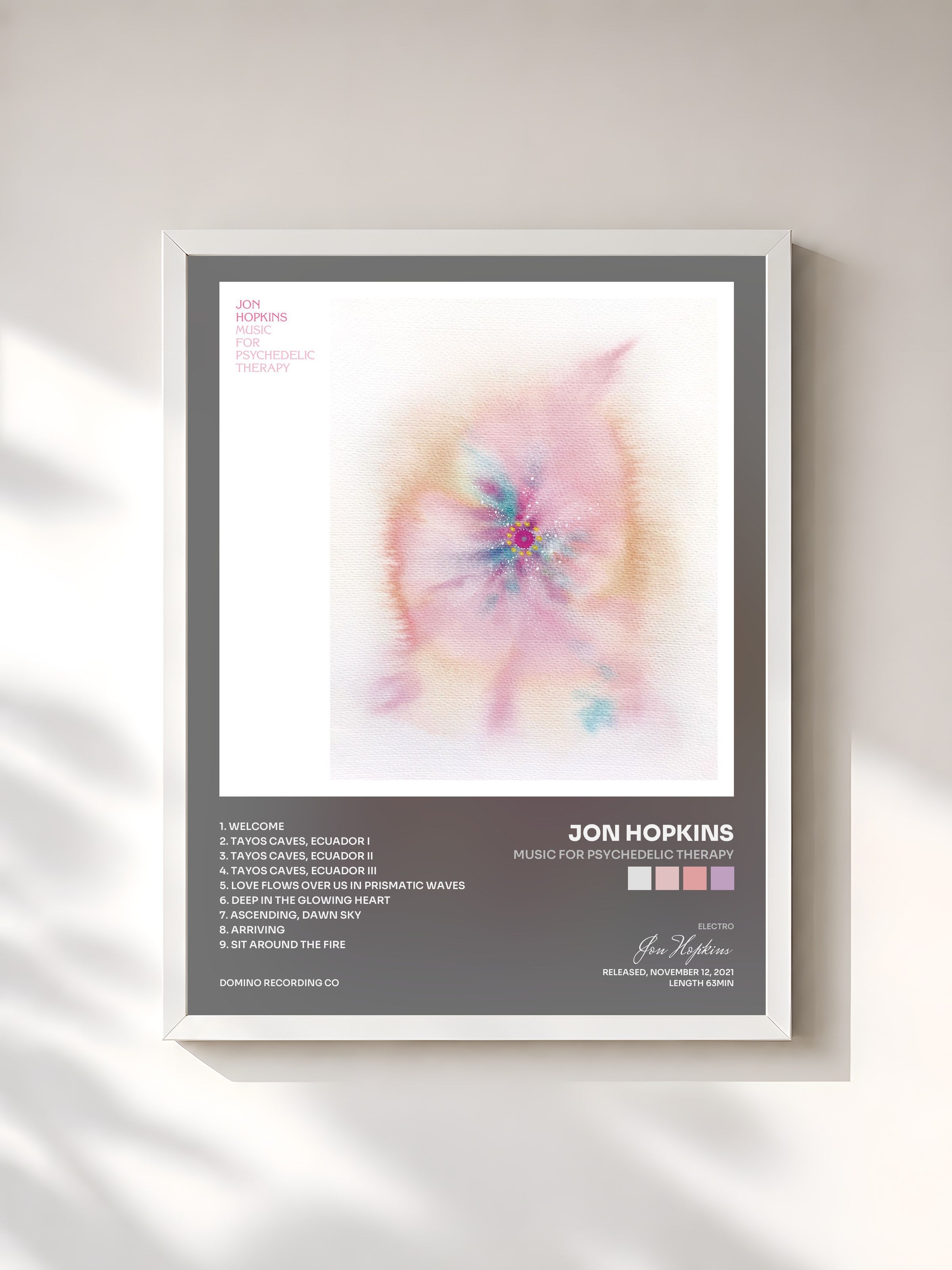 #blanc Tableau de l'album Music For Psychedelic Therapy de Jon Hopkins, cadre blanc, imprimé et encadré en France
