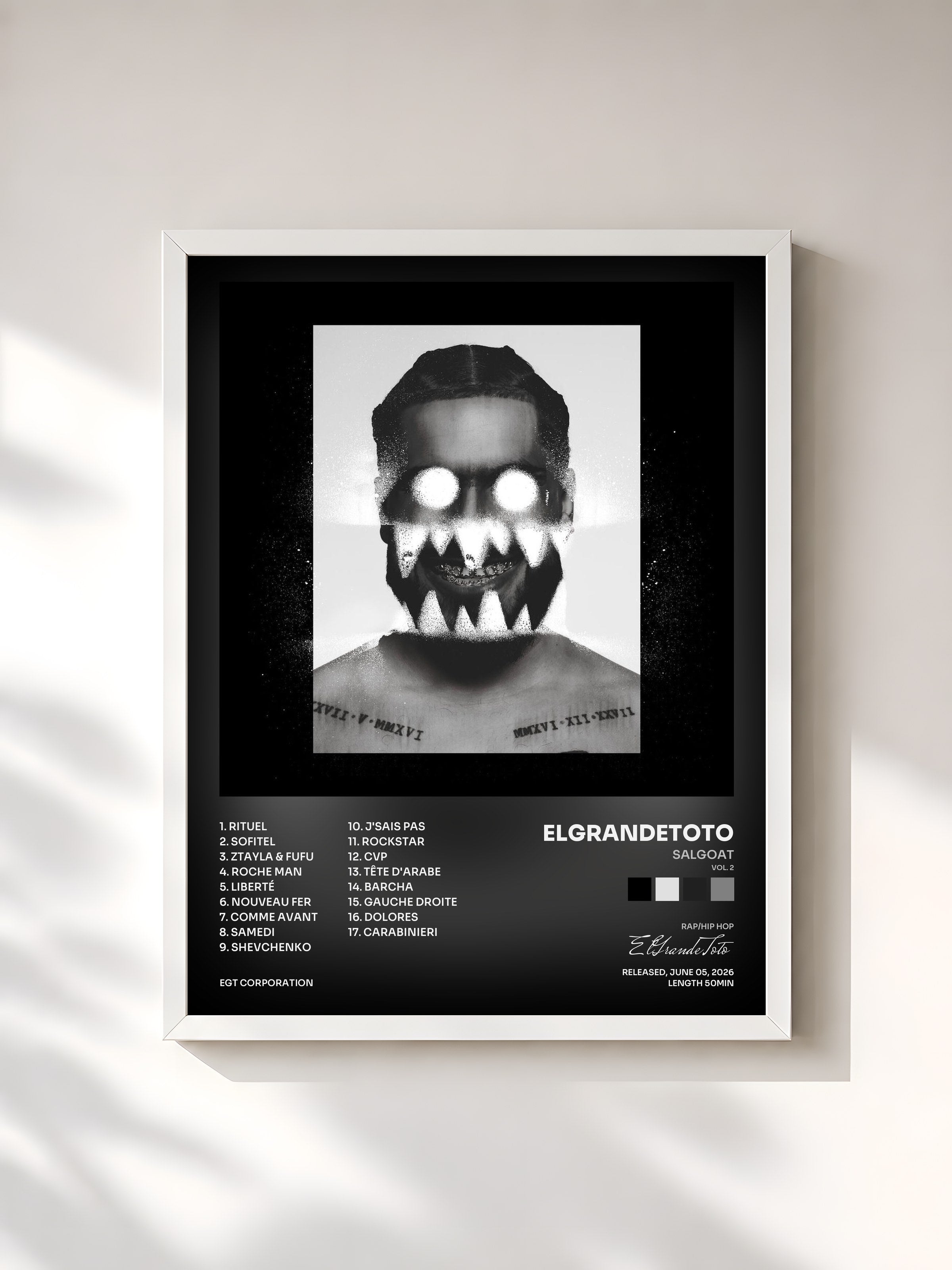 #blanc Tableau de l'album SALGOAT (Vol. 2) de ElGrandeToto, cadre blanc, imprimé et encadré en France