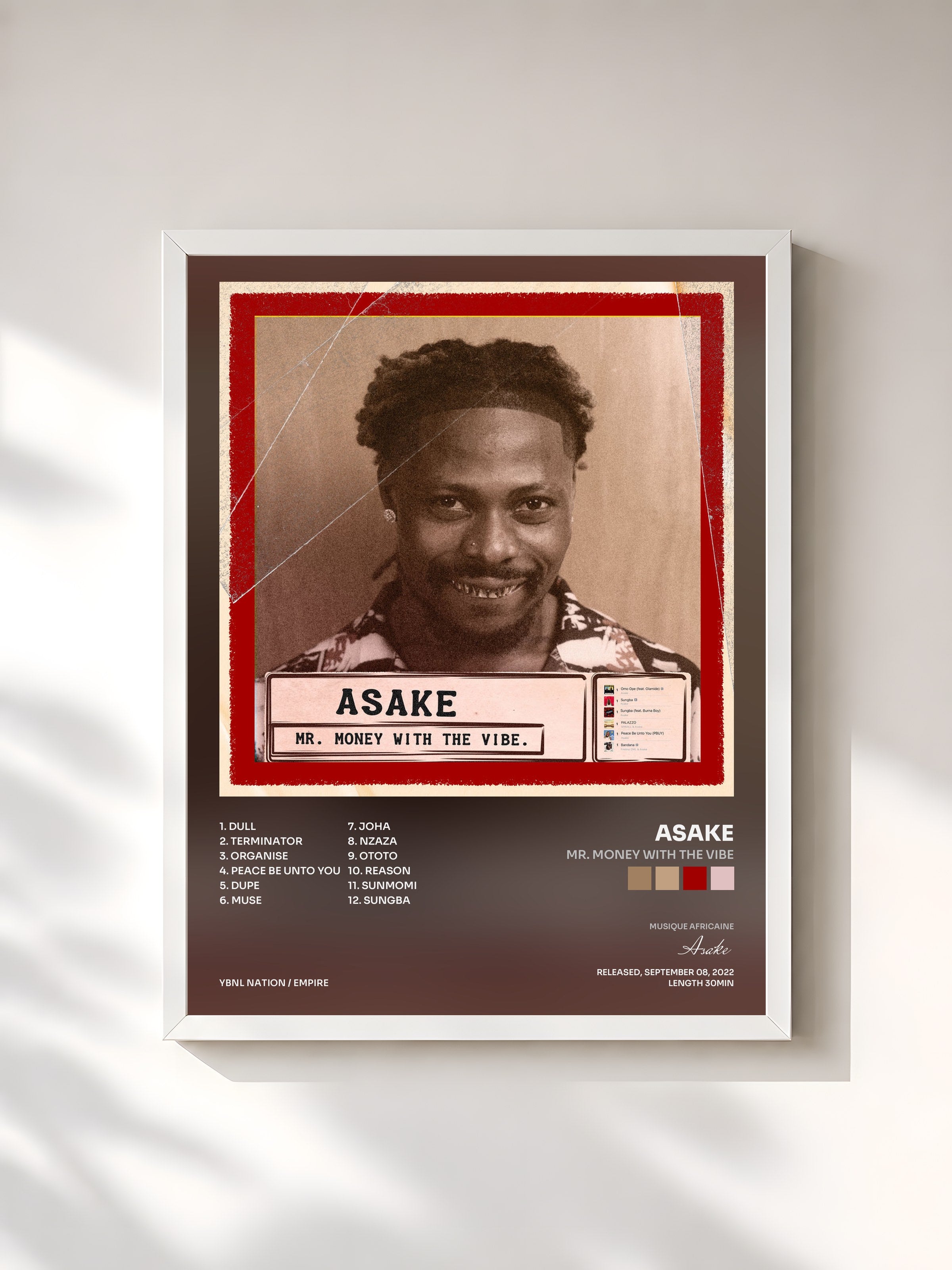 #blanc Tableau de l'album Mr. Money With The Vibe de Asake, cadre blanc, imprimé et encadré en France