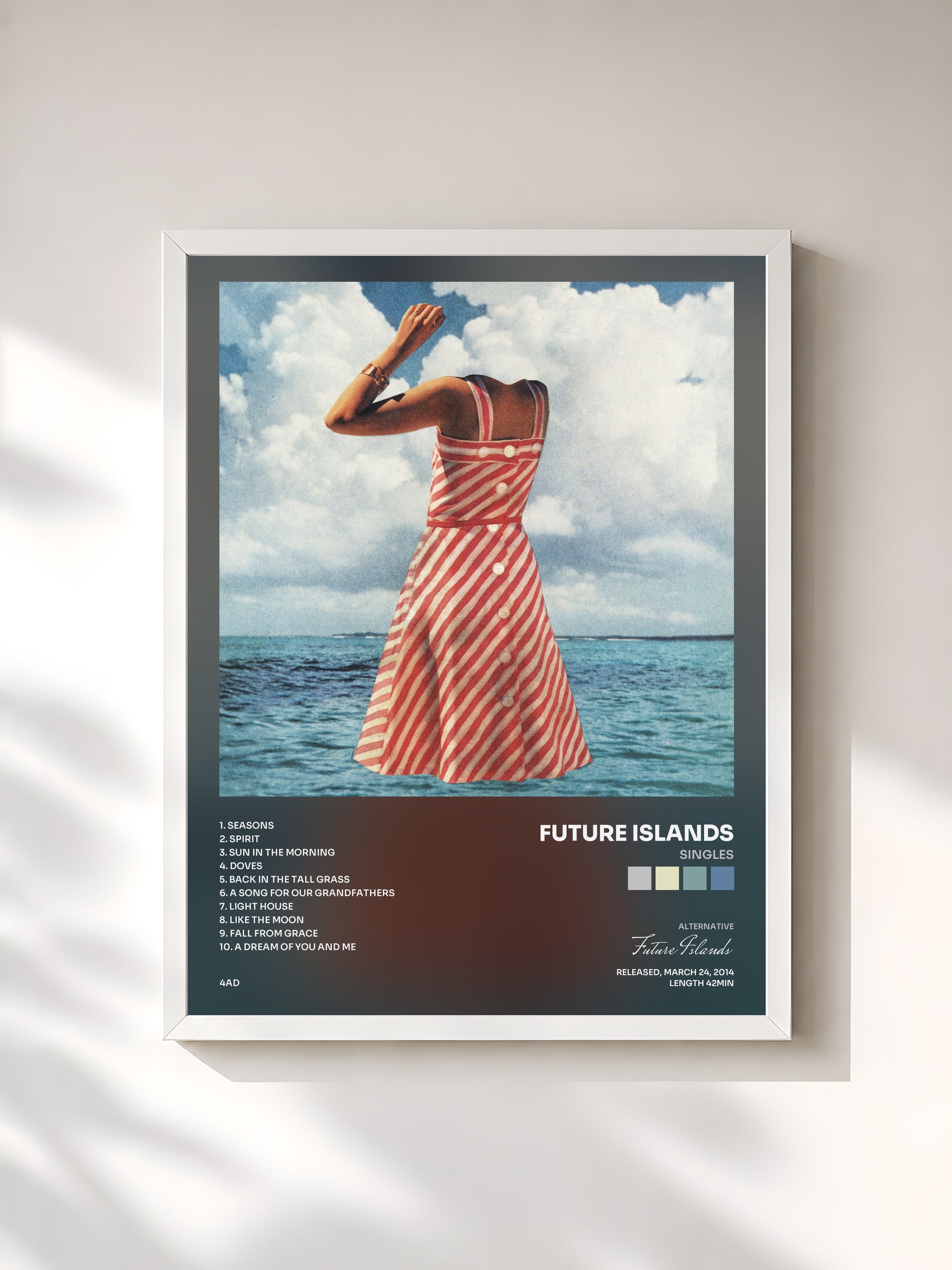 #blanc Tableau de l'album Singles de Future Islands, cadre blanc, imprimé et encadré en France