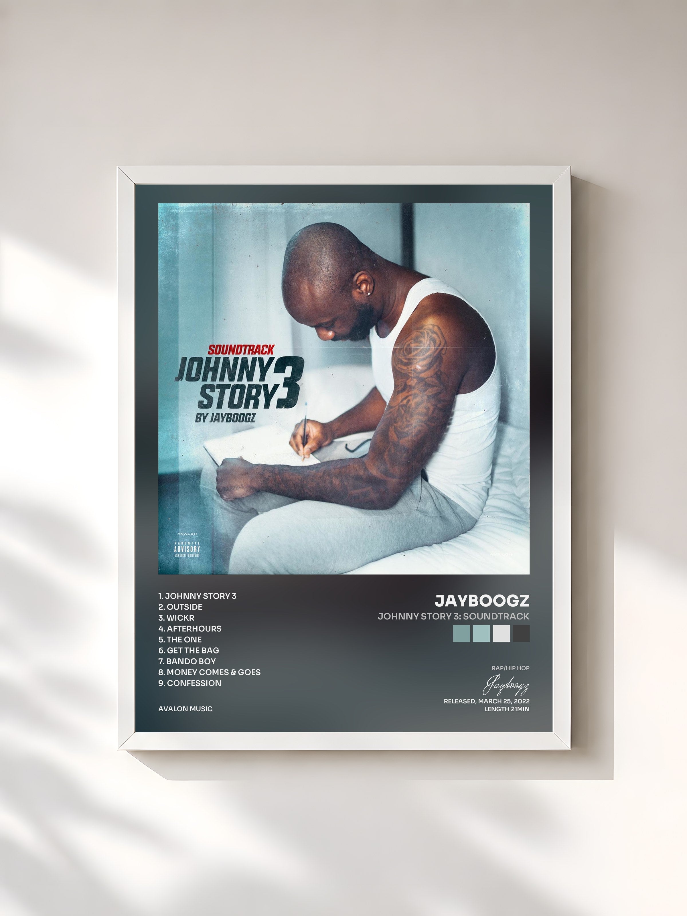 #blanc Tableau de l'album Johnny Story 3: Soundtrack de Jayboogz, cadre blanc, imprimé et encadré en France