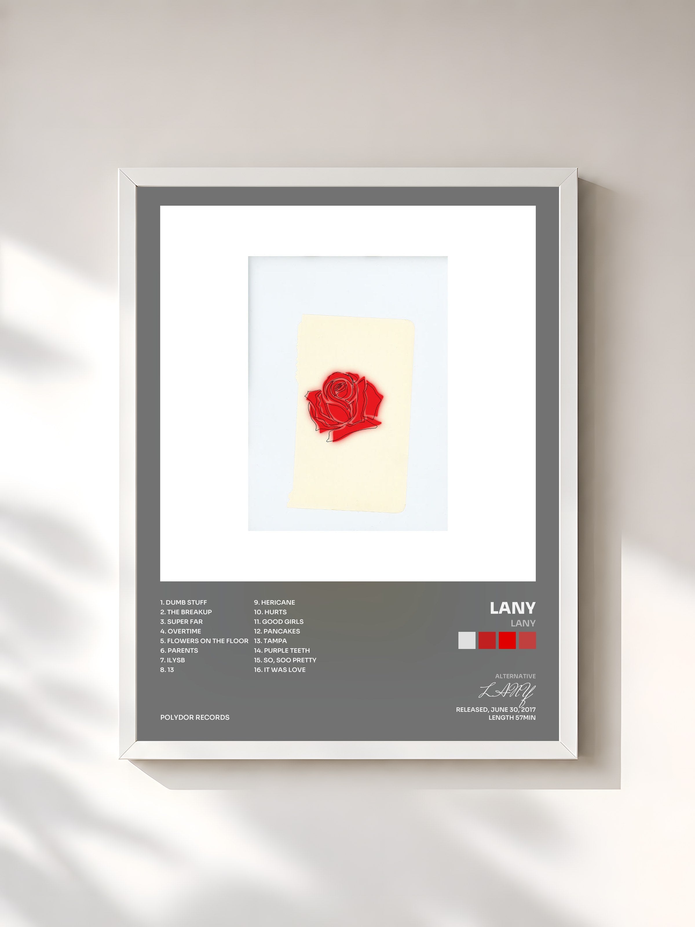 #blanc Tableau de l'album LANY de LANY, cadre blanc, imprimé et encadré en France