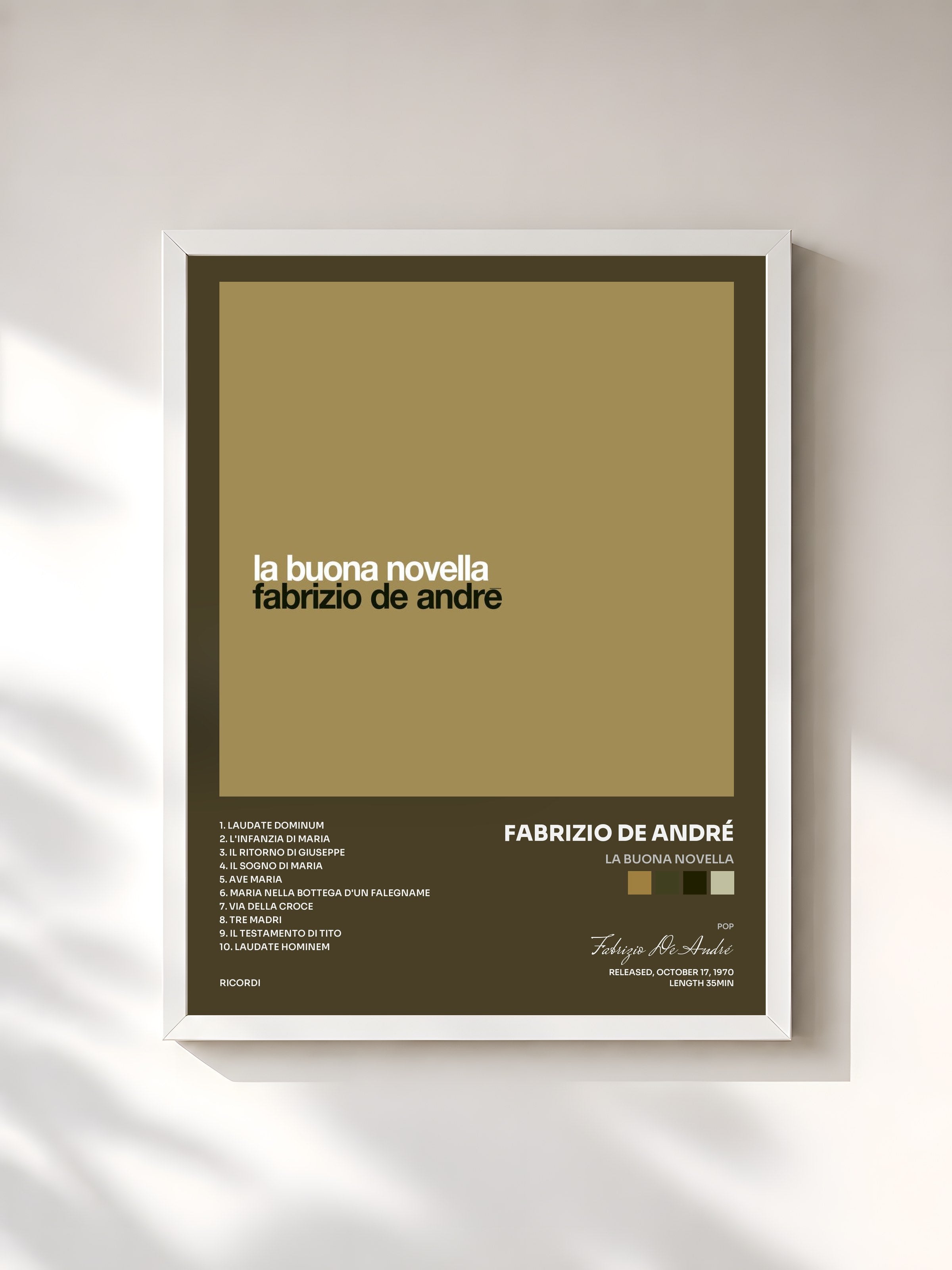 #blanc Tableau de l'album La Buona Novella de Fabrizio De André, cadre blanc, imprimé et encadré en France