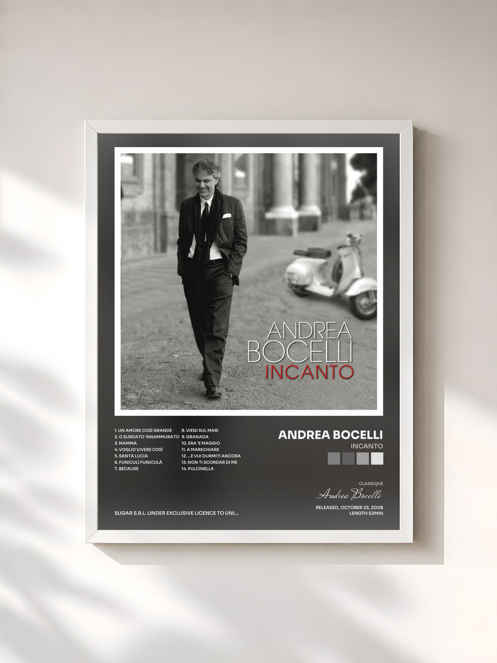 #blanc Tableau de l'album Incanto de Andrea Bocelli, cadre blanc, imprimé et encadré en France