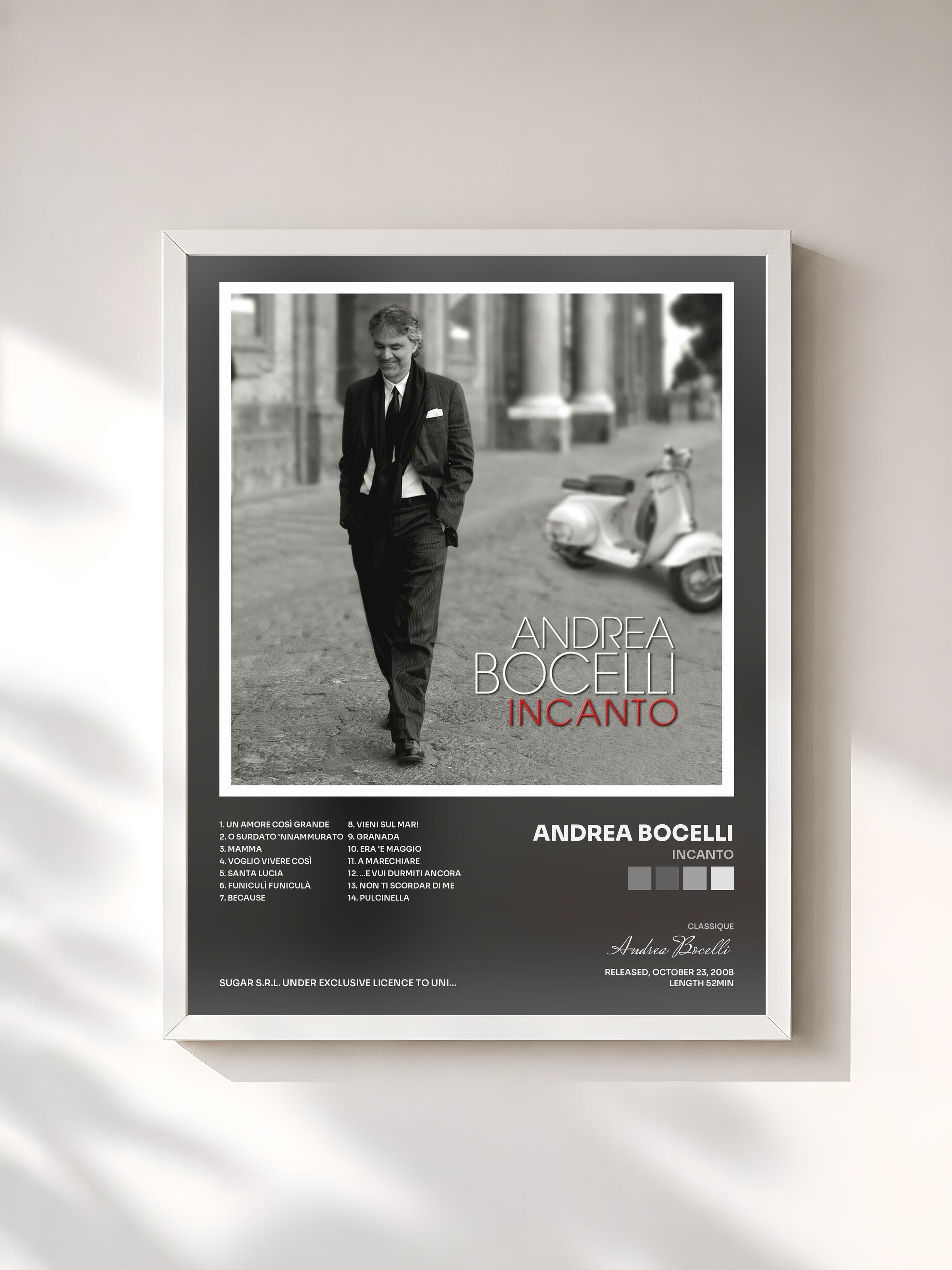 #blanc Tableau de l'album Incanto de Andrea Bocelli, cadre blanc, imprimé et encadré en France