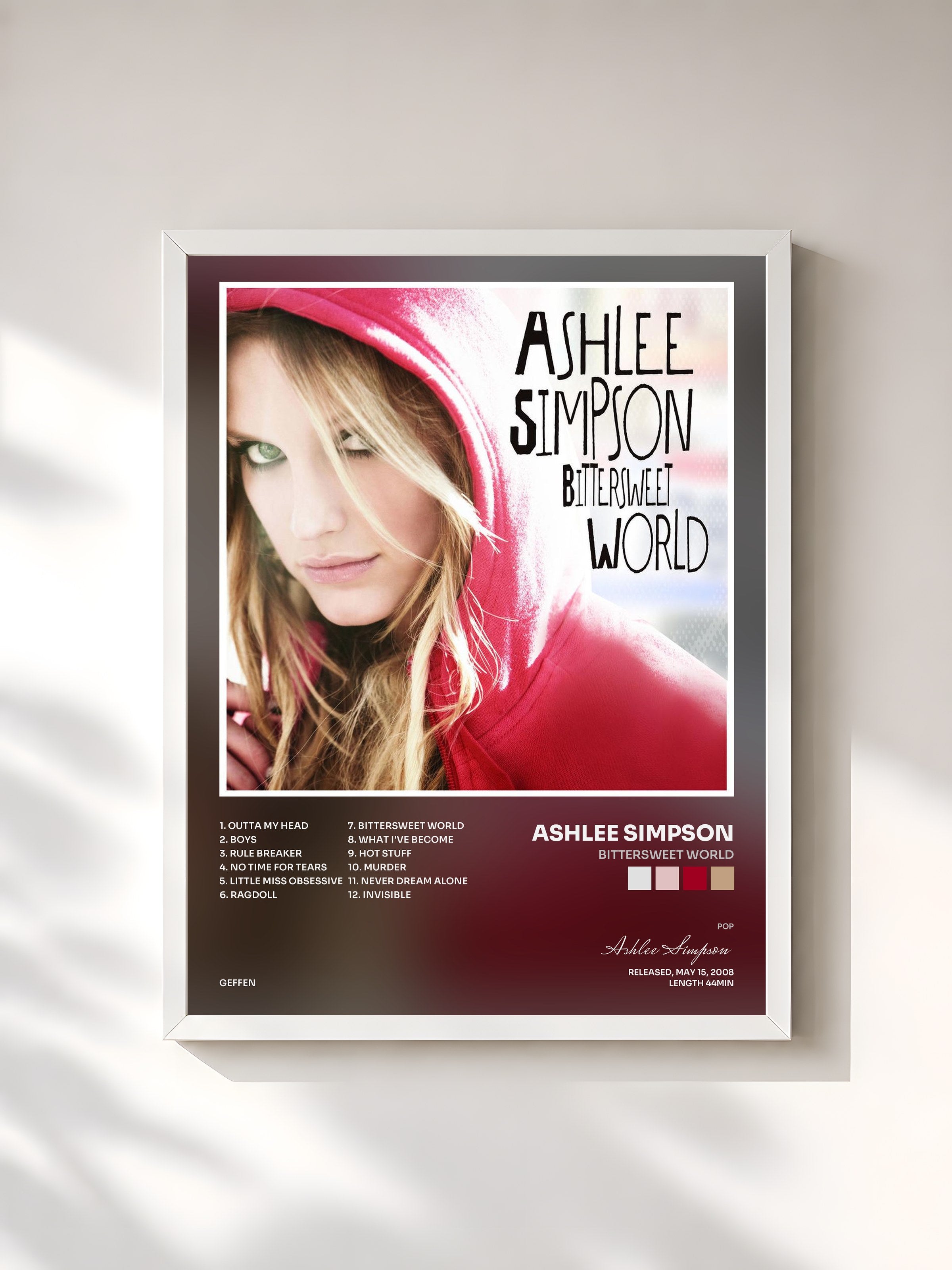 #blanc Tableau de l'album Bittersweet World de Ashlee Simpson, cadre blanc, imprimé et encadré en France