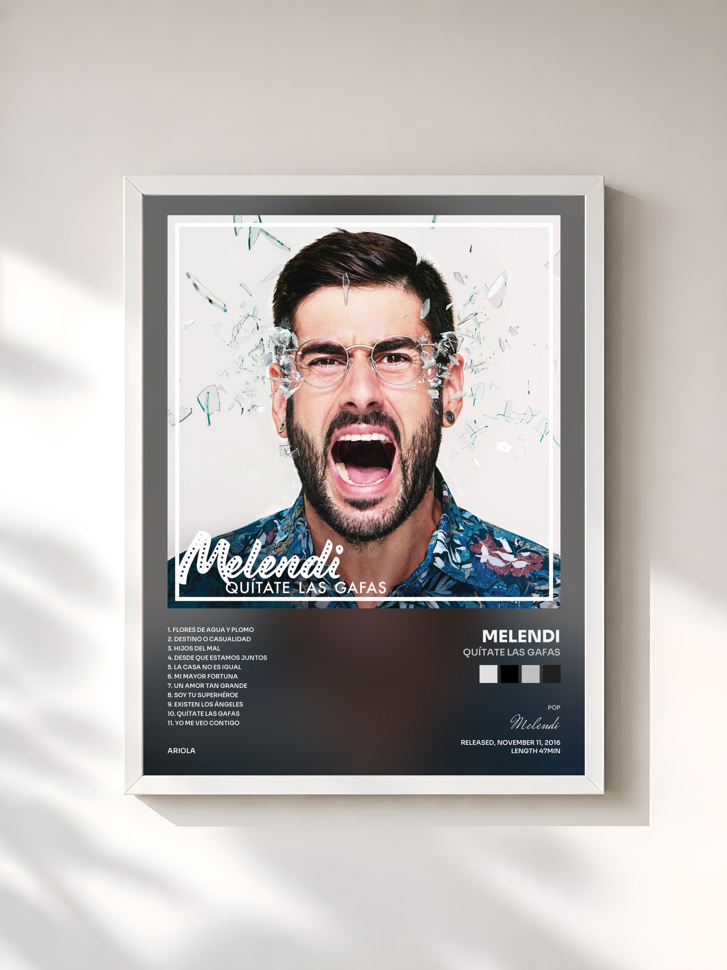 #blanc Tableau de l'album Quítate las Gafas de Melendi, cadre blanc, imprimé et encadré en France