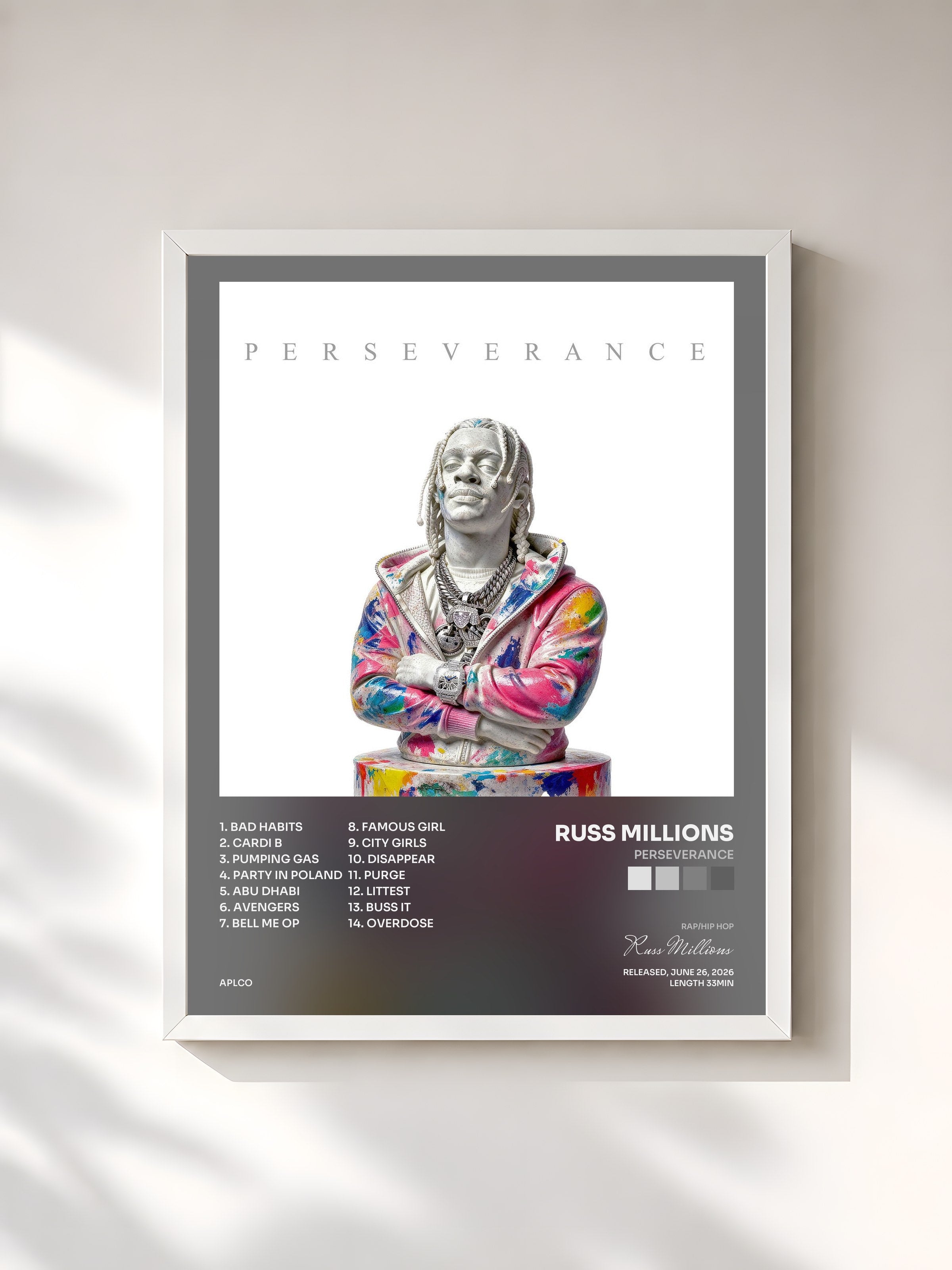 #blanc Tableau de l'album Perseverance de Russ Millions, cadre blanc, imprimé et encadré en France