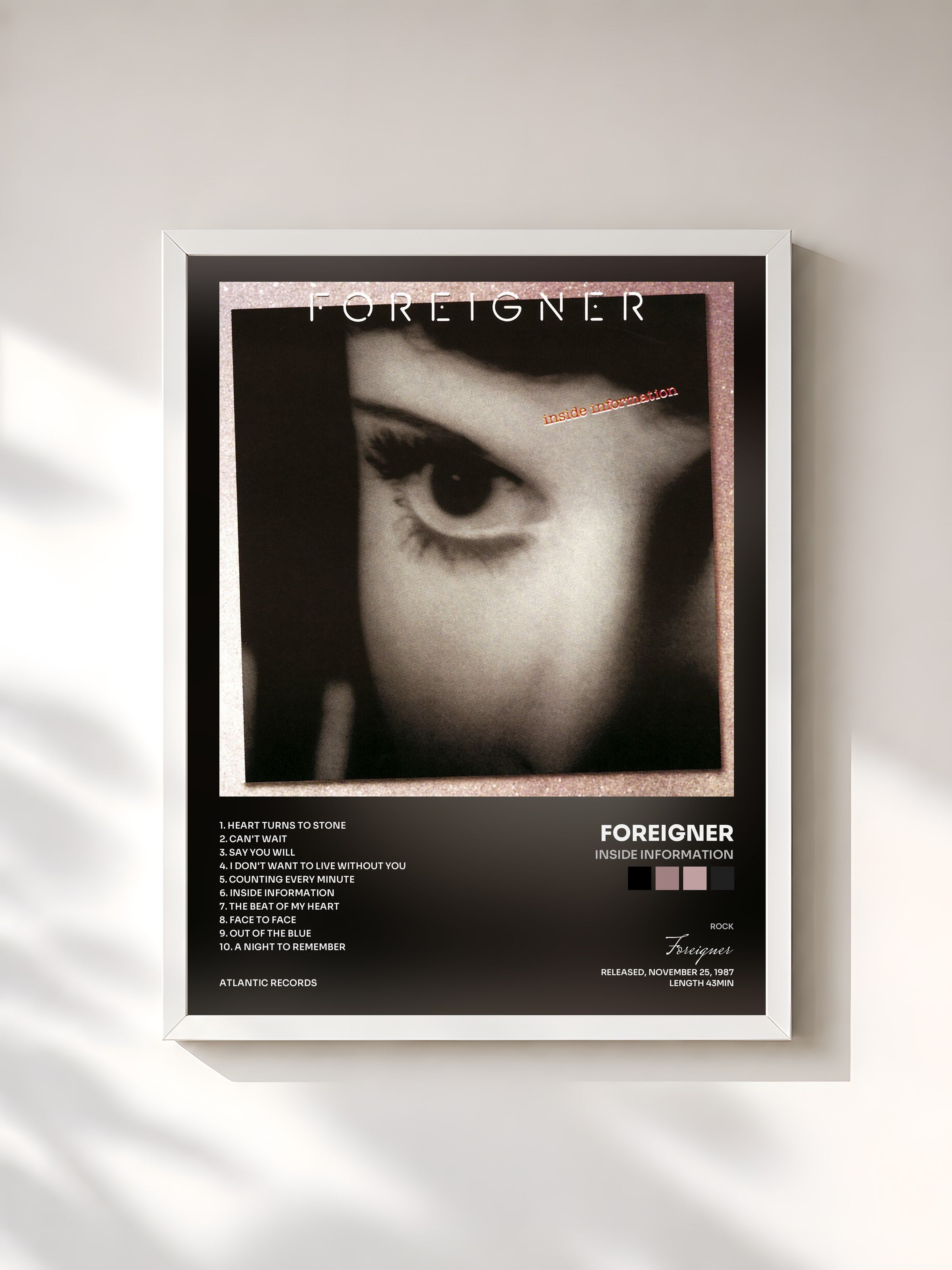 #blanc Tableau de l'album Inside Information de Foreigner, cadre blanc, imprimé et encadré en France