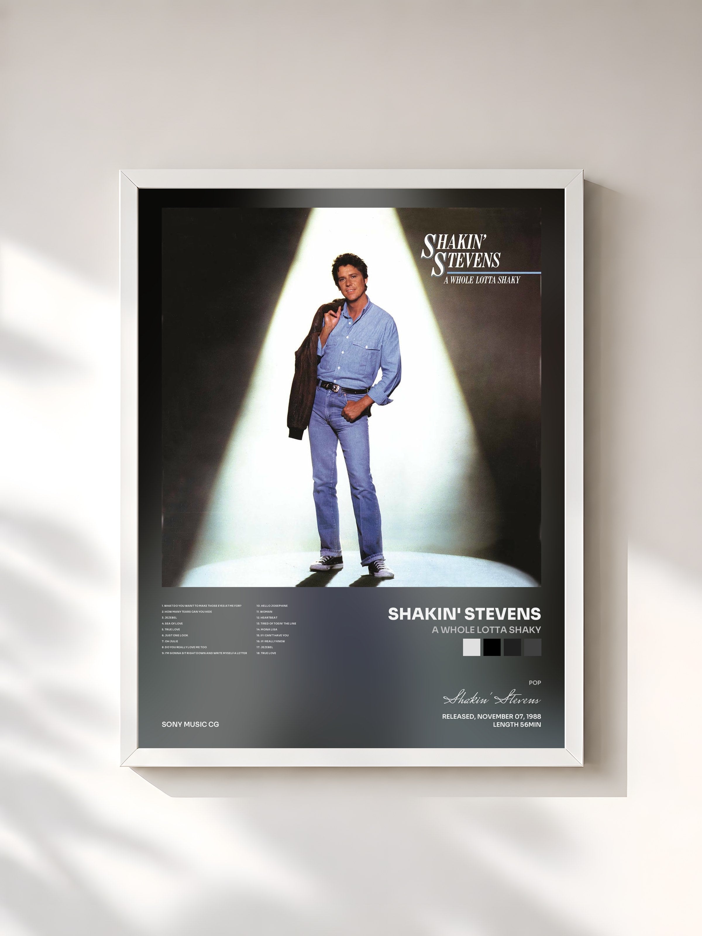 #blanc Tableau de l'album A Whole Lotta Shaky de Shakin' Stevens, cadre blanc, imprimé et encadré en France
