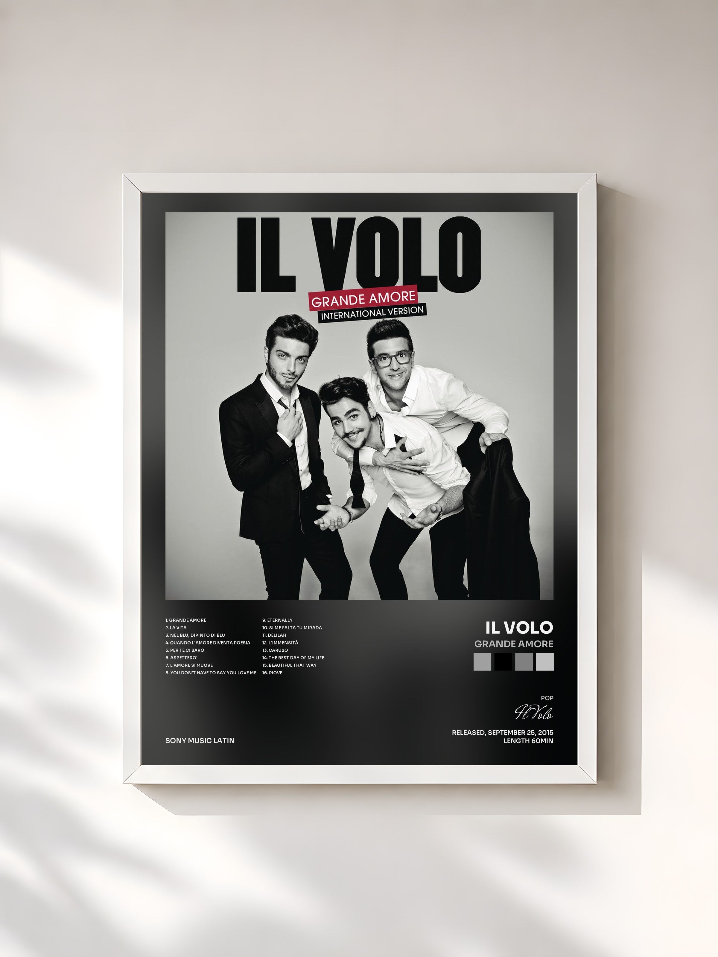 #blanc Tableau de l'album Grande amore de Il Volo, cadre blanc, imprimé et encadré en France